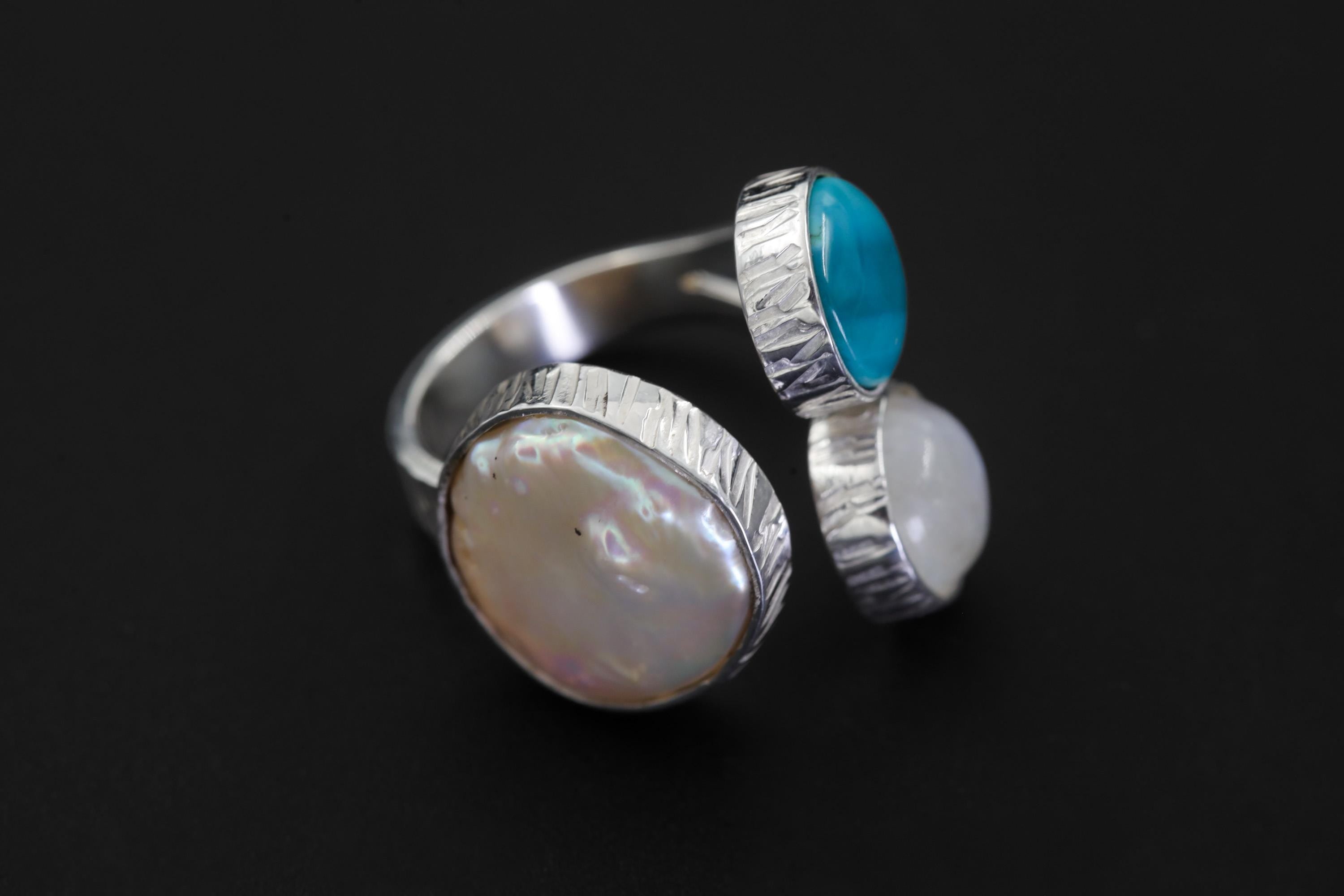 Pearl Larimar Blue Moonstone Multi Stone Ring 925 Sterling Silver Adjustable Open Band Jewelry