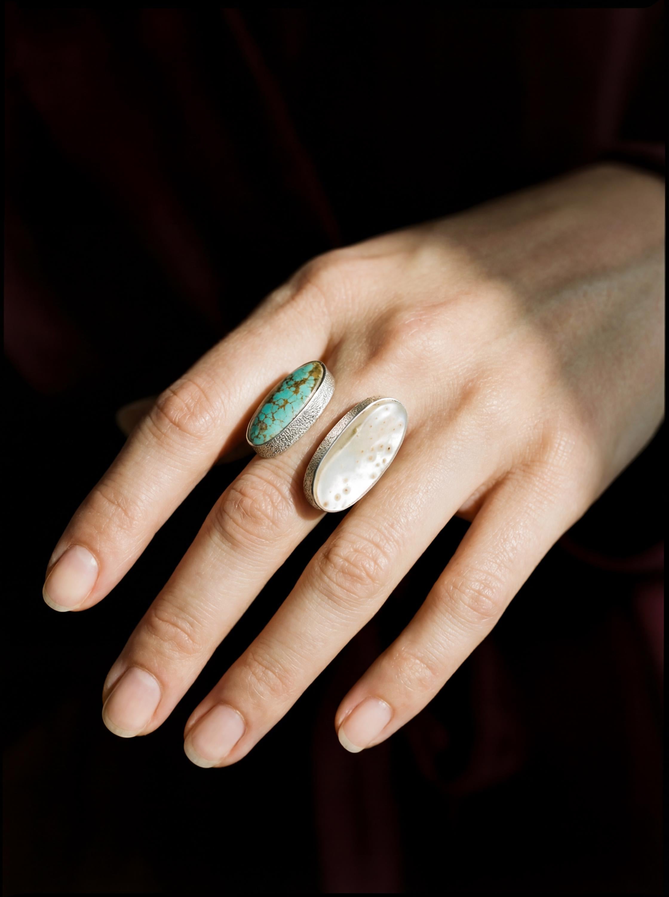 Mother of Pearl Turquoise Dual Stone Ring 925 Sterling Silver Adjustable Open Band Organic Texture Jewelry