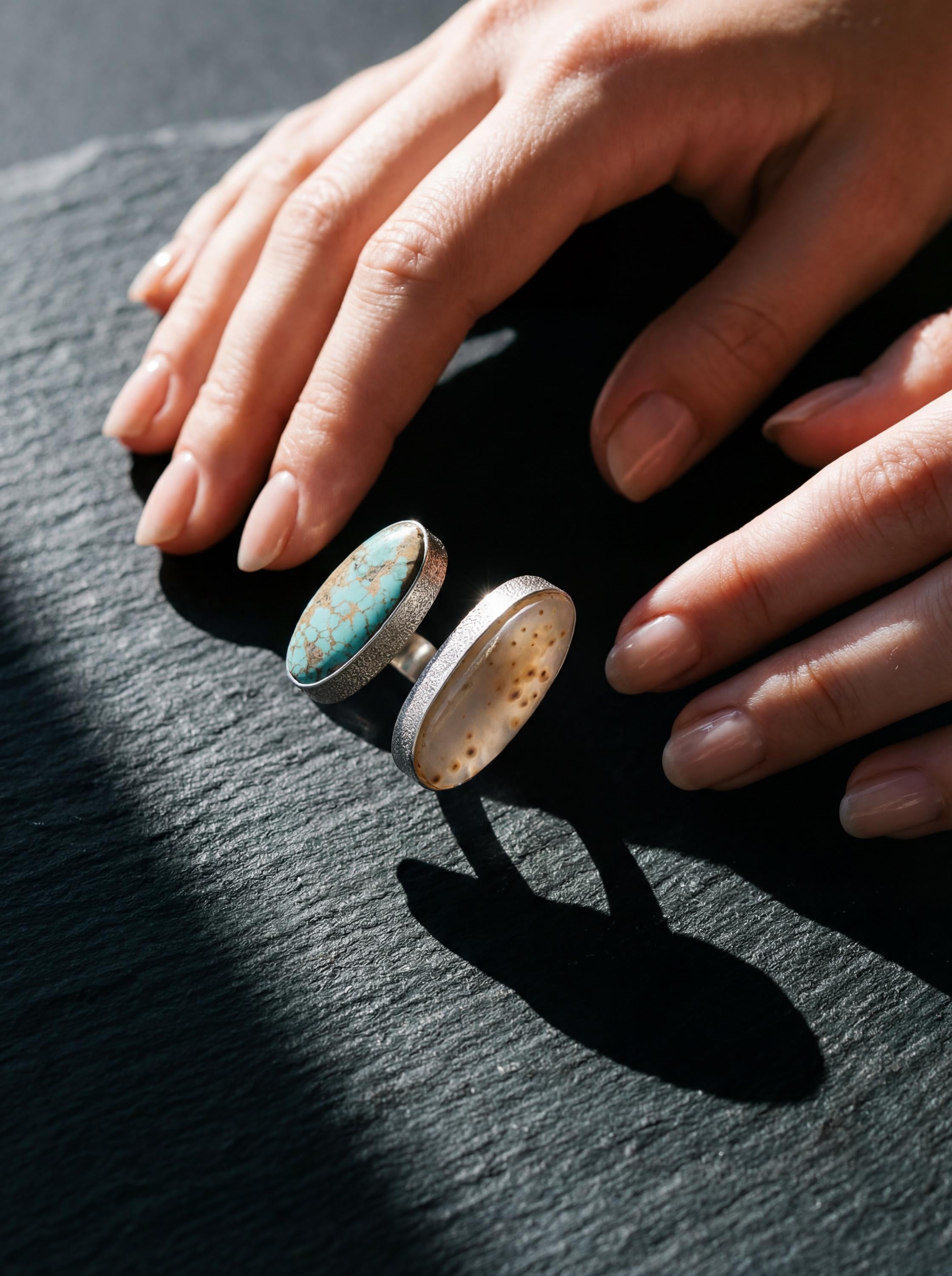 Mother of Pearl Turquoise Dual Stone Ring 925 Sterling Silver Adjustable Open Band Organic Texture Jewelry