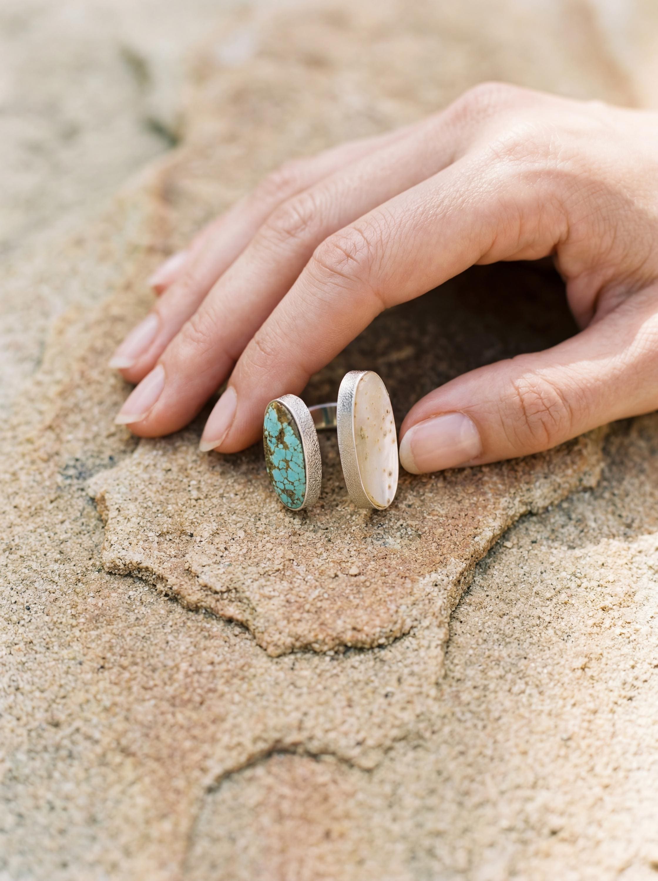 Mother of Pearl Turquoise Dual Stone Ring 925 Sterling Silver Adjustable Open Band Organic Texture Jewelry