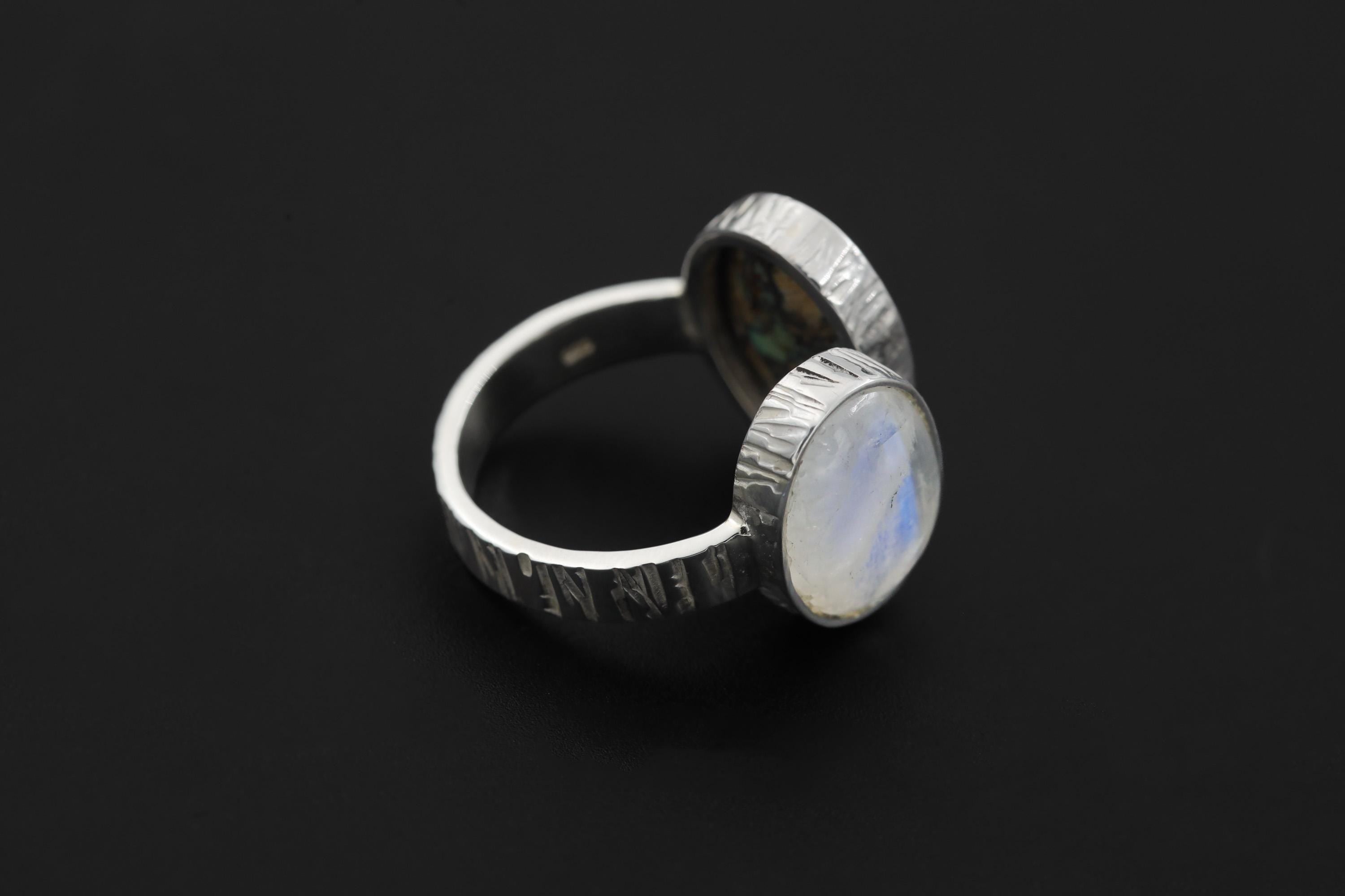 Blue Moonstone Turquoise Ring 925 Sterling Silver Adjustable Hammered Band Third Eye Throat Chakra Gift