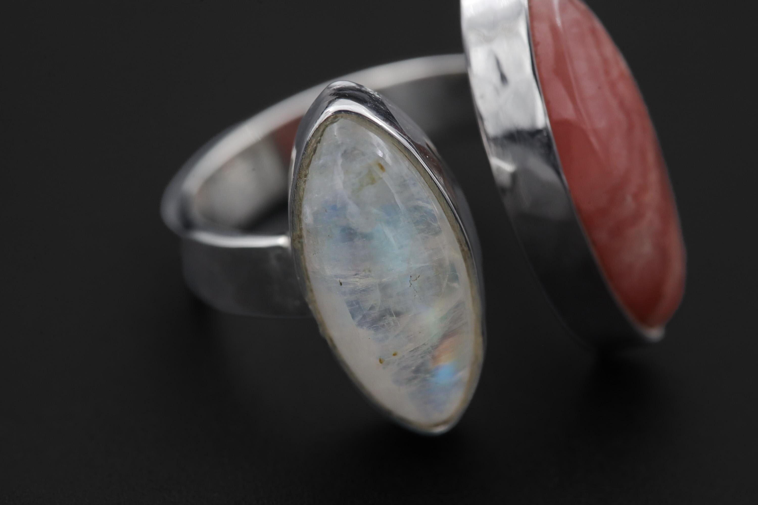 Rhodochrosite Moonstone Ring 925 Silver Adjustable Open Ring Hammered Texture Pink Blue Statement Jewelry