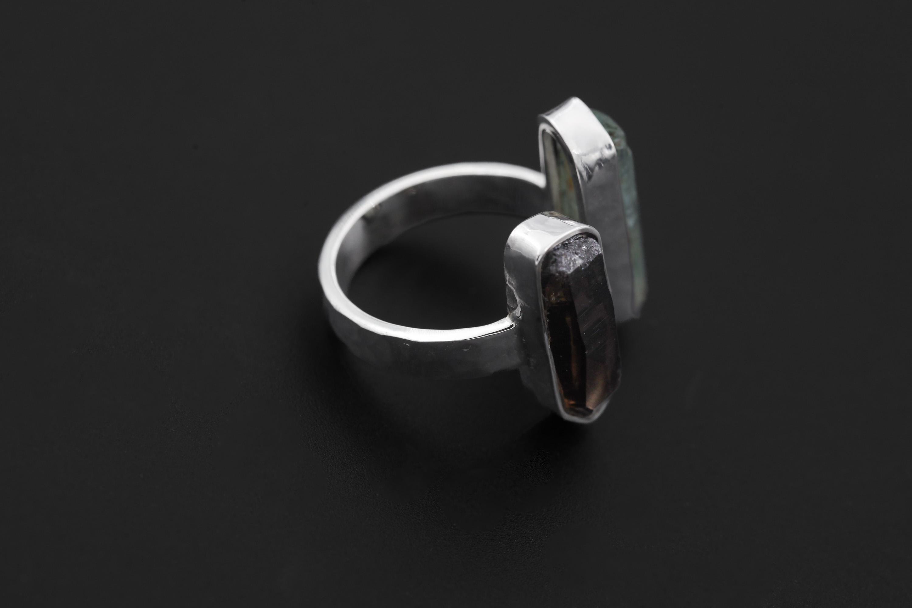Smoky Quartz Aquamarine Dual Stone Ring, Hammered Sterling Silver Band, Adjustable Open Ring