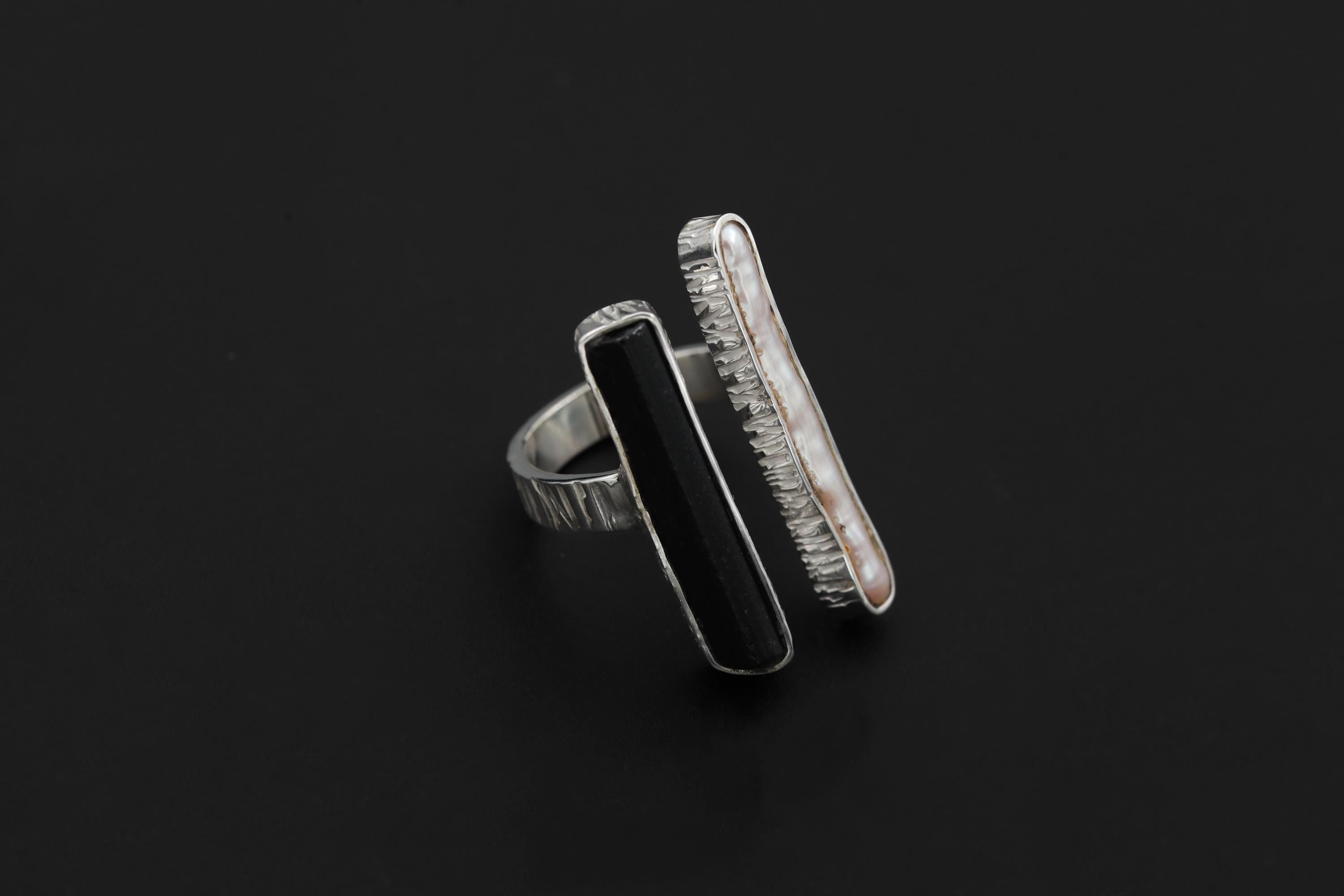 Pearl Black Tourmaline 925 Silver Ring, Adjustable Open Band