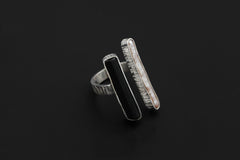 Pearl Black Tourmaline 925 Silver Ring, Adjustable Open Band