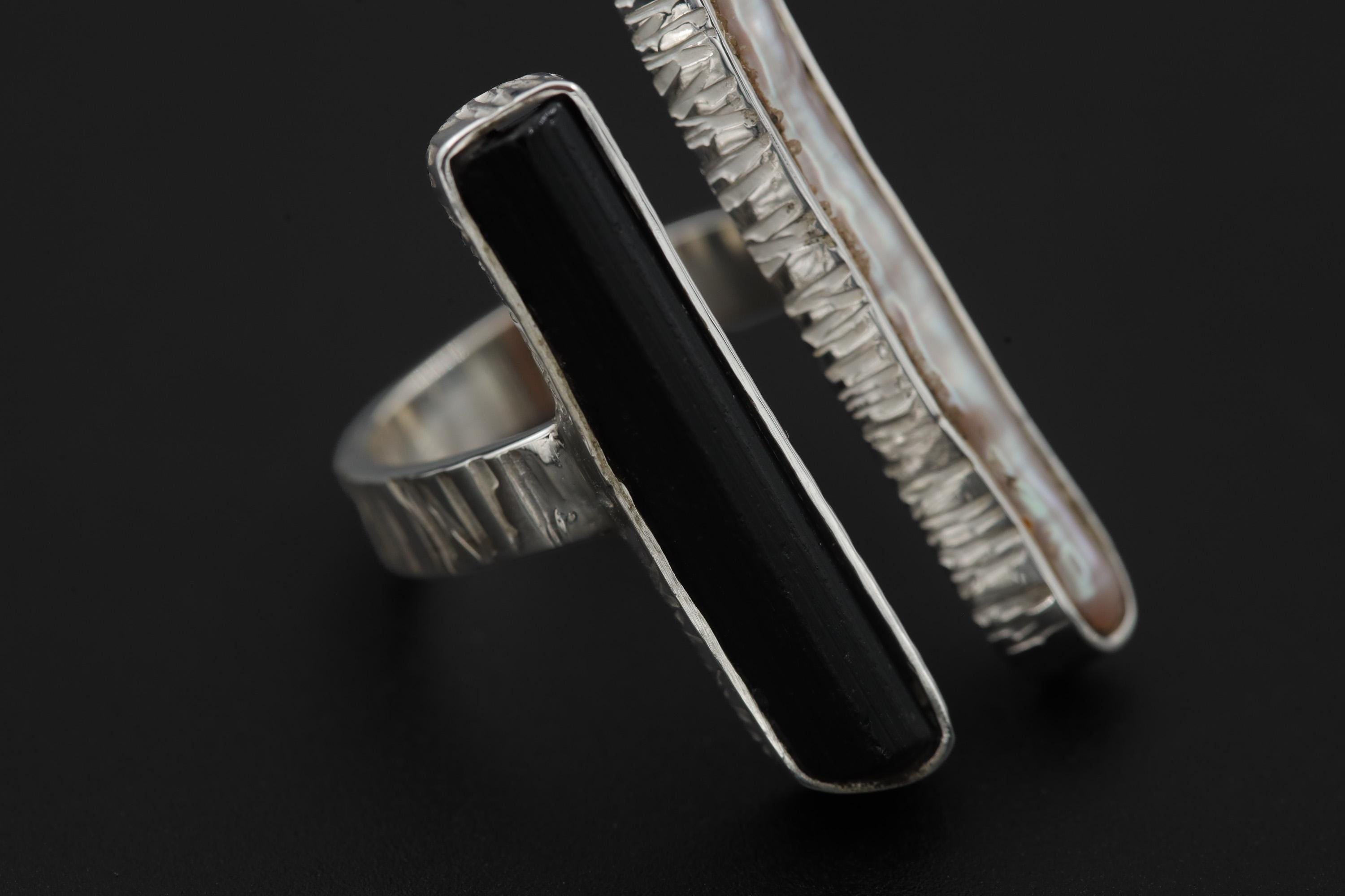 Pearl Black Tourmaline 925 Silver Ring, Adjustable Open Band