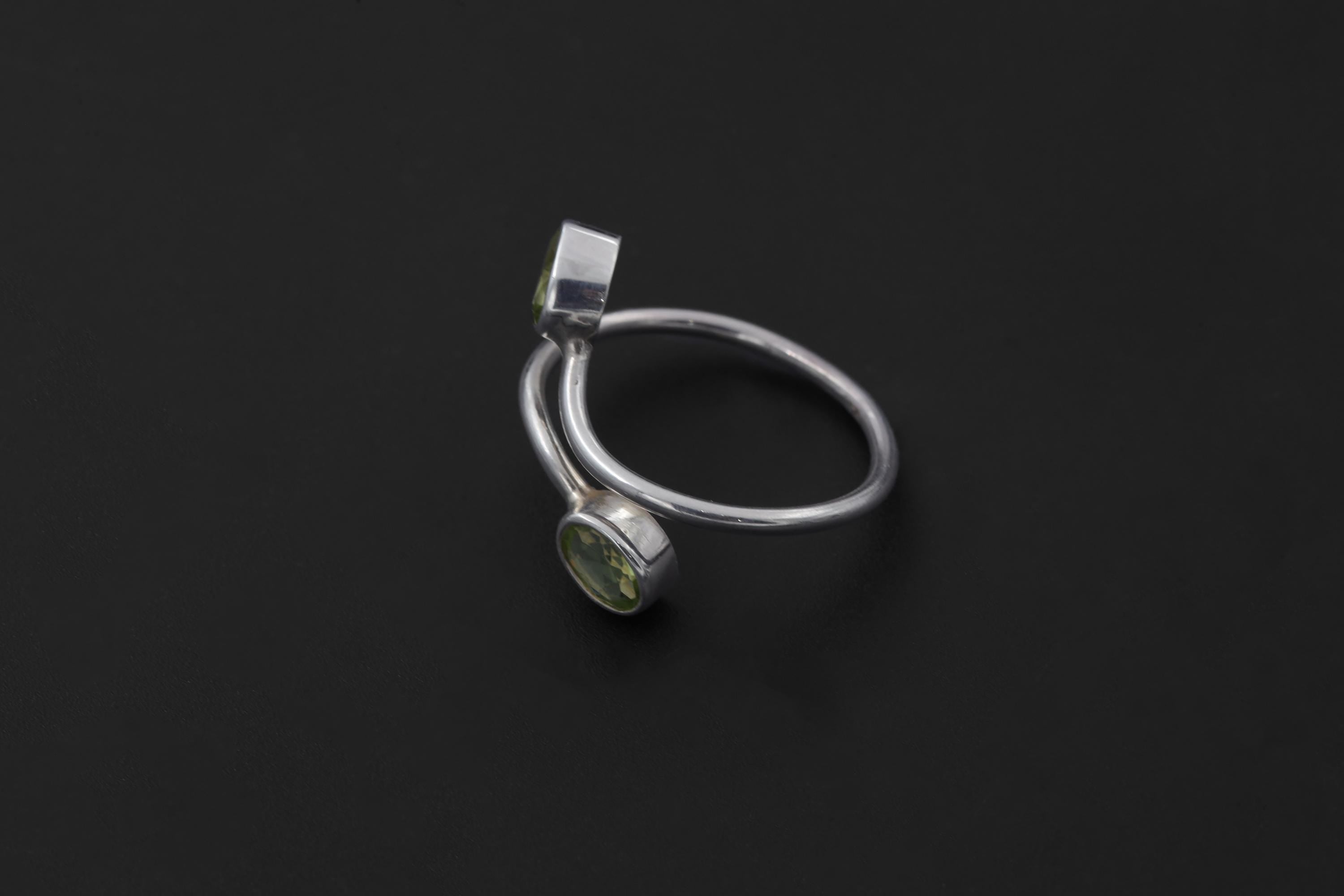 Green Peridot Silver Ring 925 Sterling Adjustable Open Band Two Stone Minimalist Gemstone Jewelry Gift