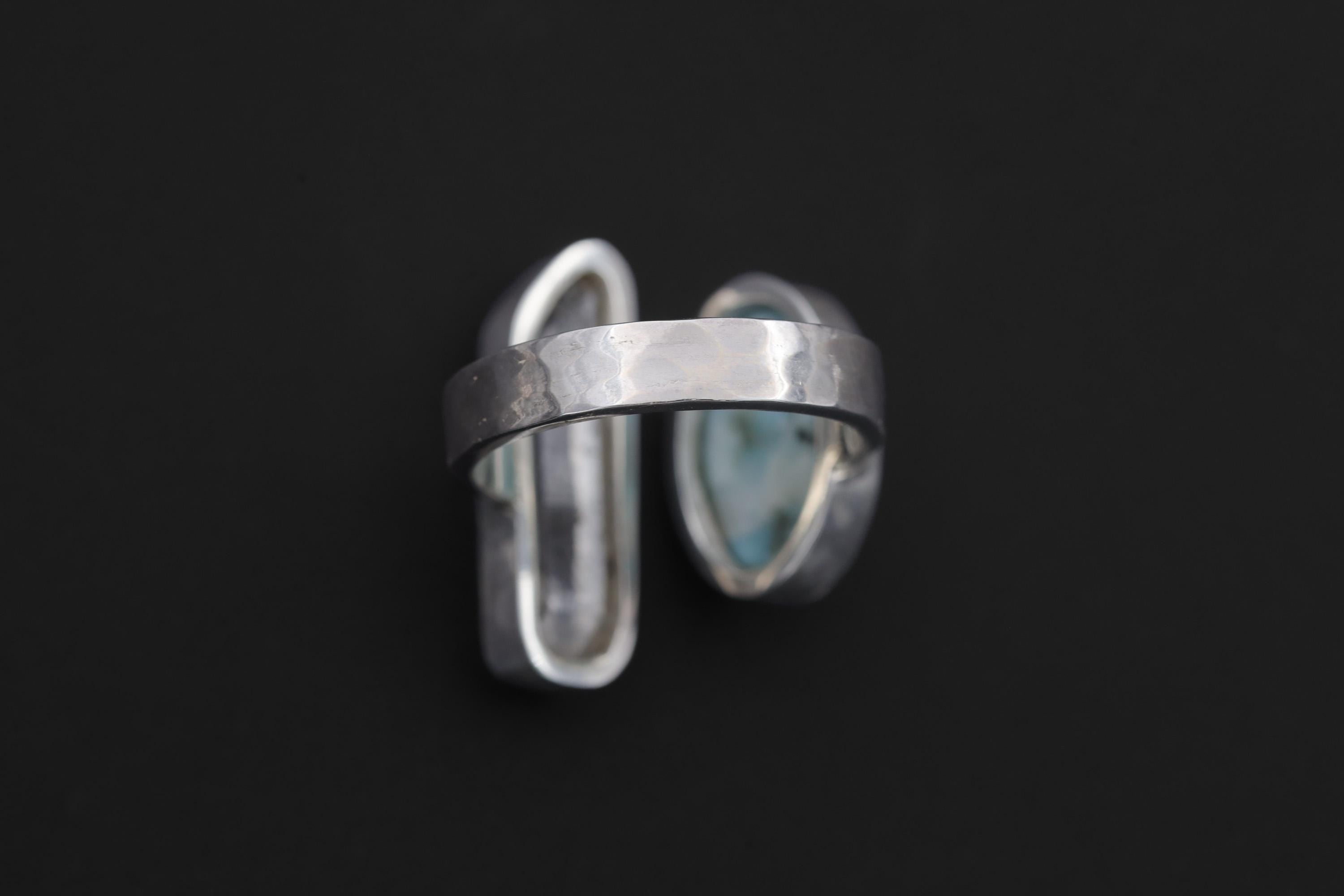 Clear Quartz Larimar Ring 925 Sterling Silver Adjustable Hammered Band Crown Throat Chakra Ocean Jewelry Gift