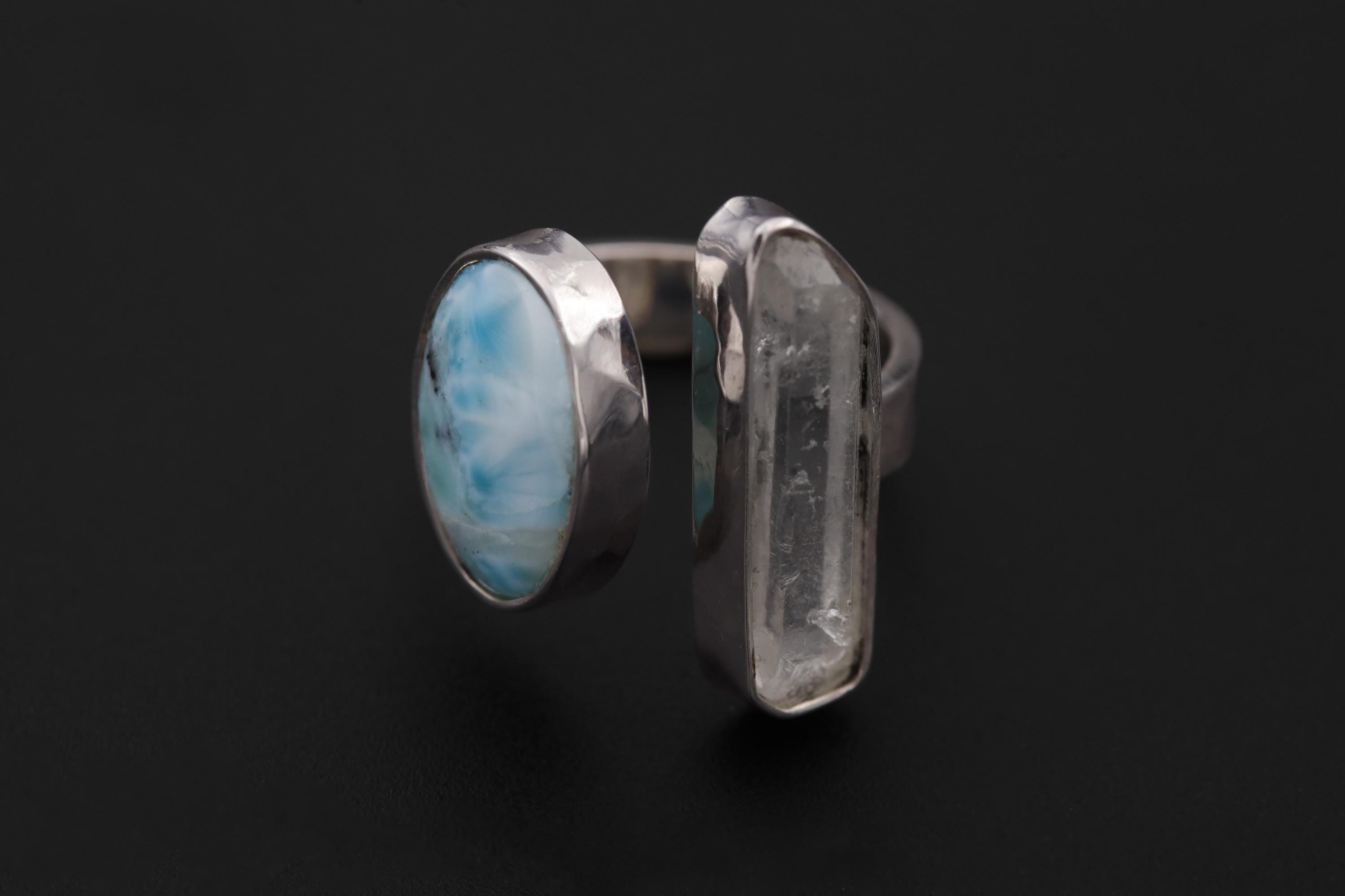 Clear Quartz Larimar Ring 925 Sterling Silver Adjustable Hammered Band Crown Throat Chakra Ocean Jewelry Gift