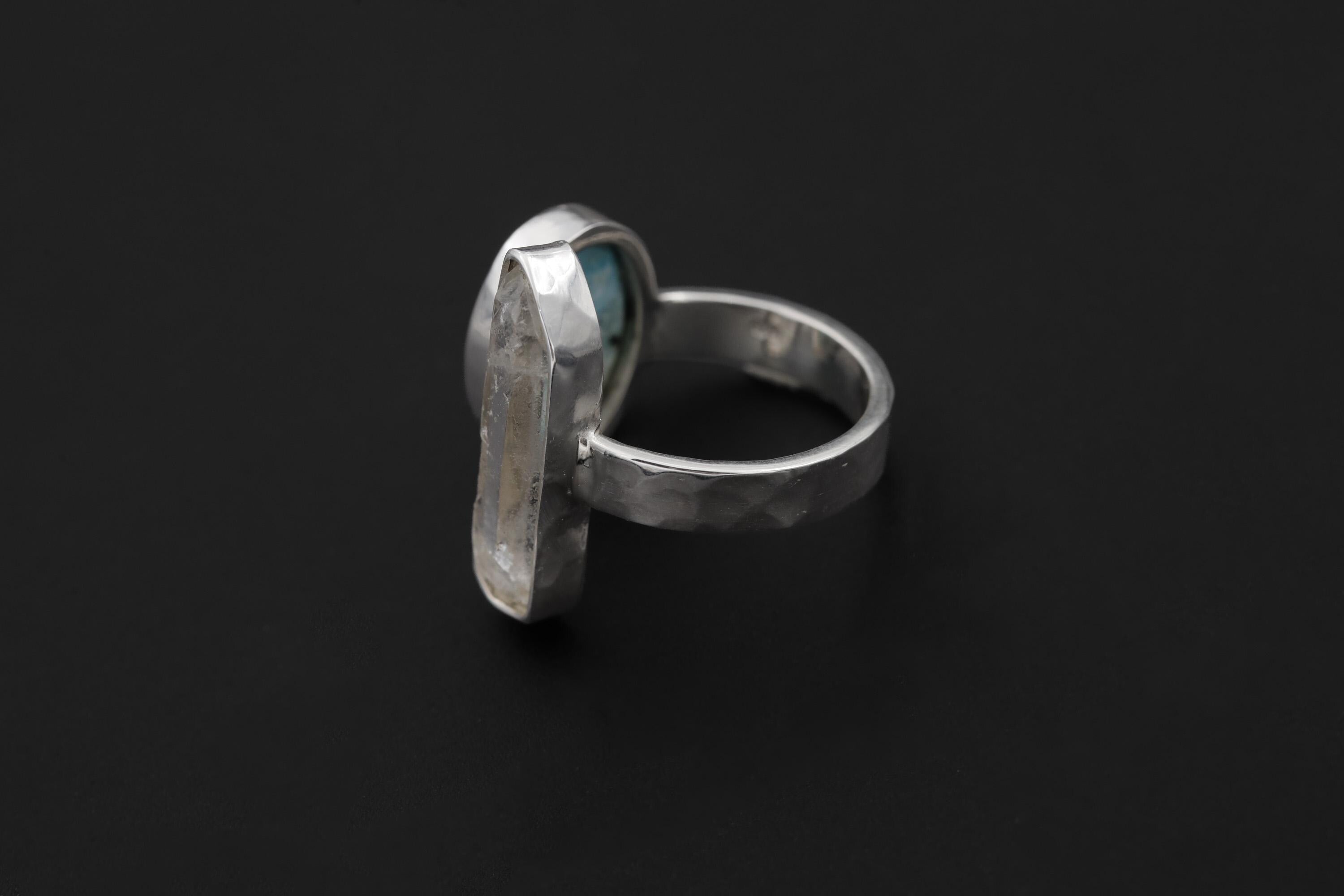 Clear Quartz Larimar Ring 925 Sterling Silver Adjustable Hammered Band Crown Throat Chakra Ocean Jewelry Gift