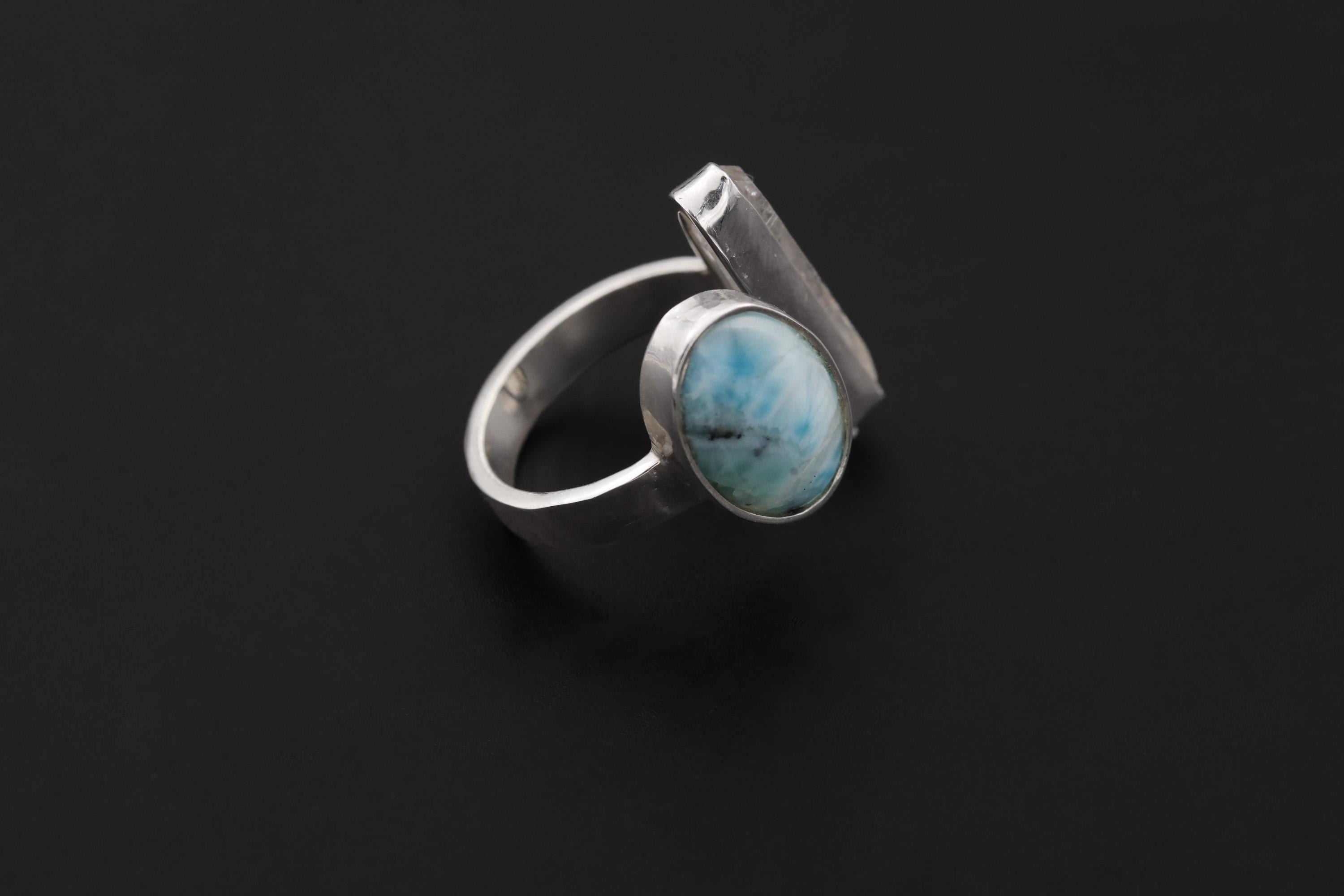 Clear Quartz Larimar Ring 925 Sterling Silver Adjustable Hammered Band Crown Throat Chakra Ocean Jewelry Gift