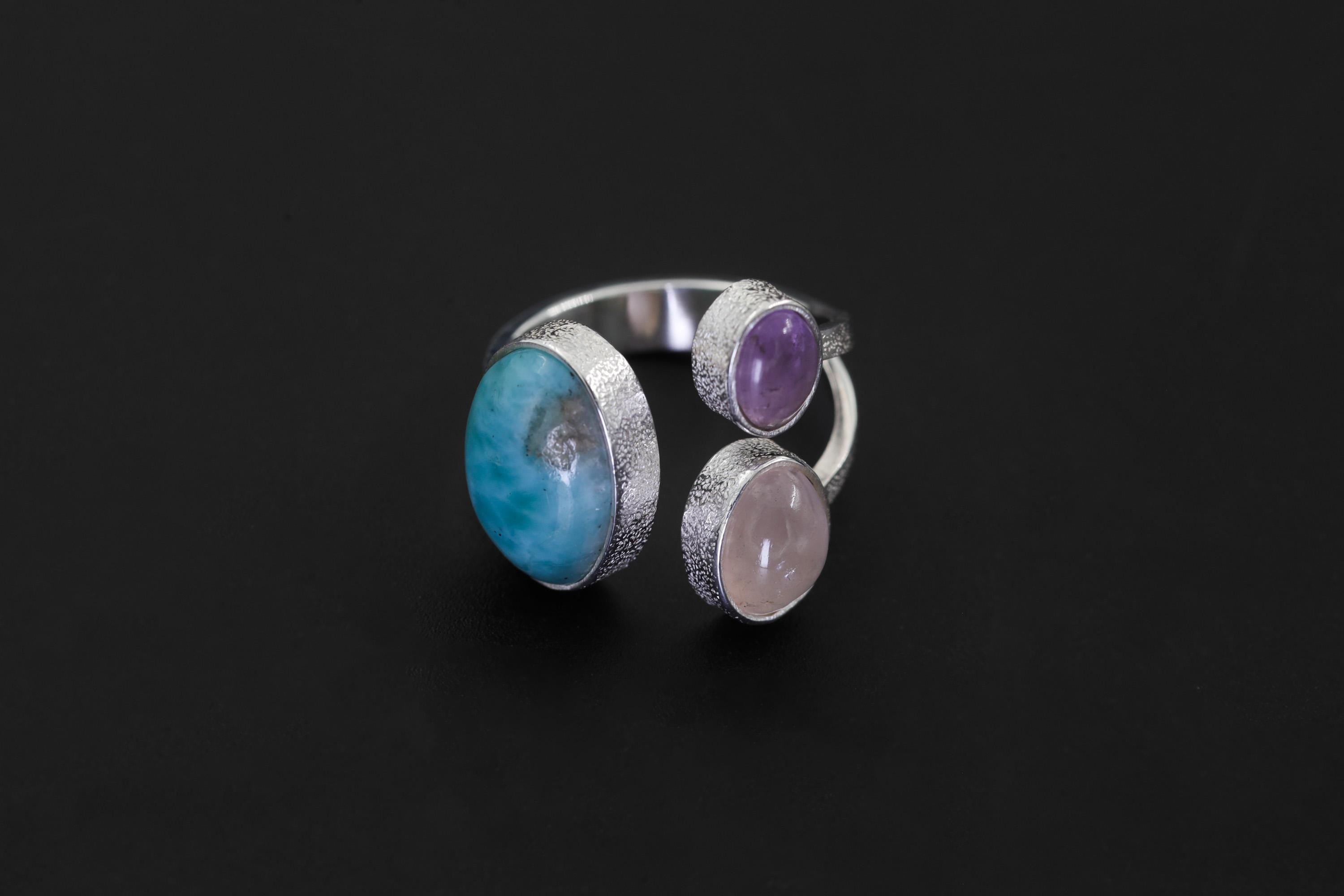 Larimar Amethyst Rose Quartz Ring 925 Sterling Silver Adjustable Ocean Heart Chakra Throat Crown Crystal Gift