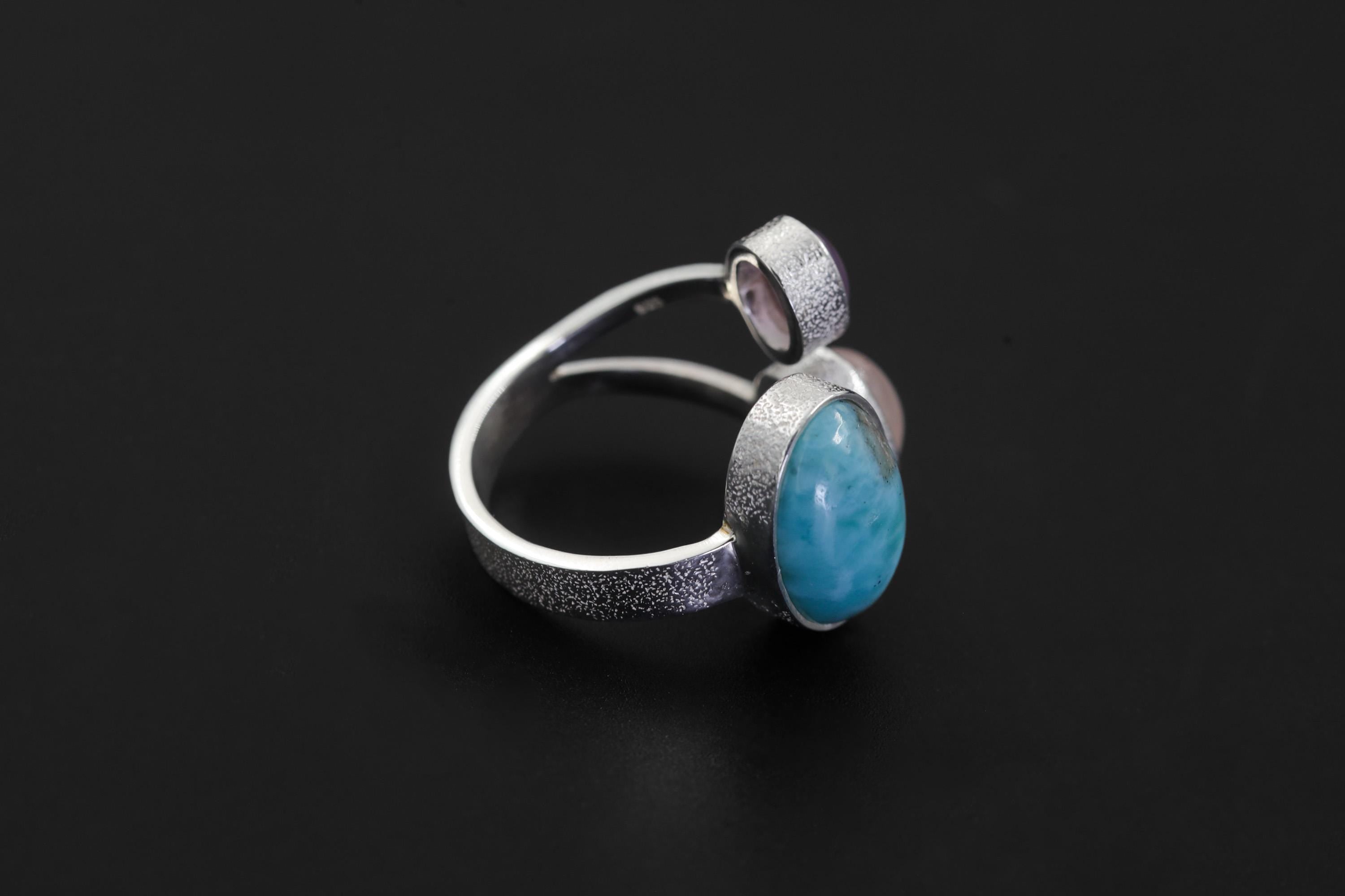 Larimar Amethyst Rose Quartz Ring 925 Sterling Silver Adjustable Ocean Heart Chakra Throat Crown Crystal Gift