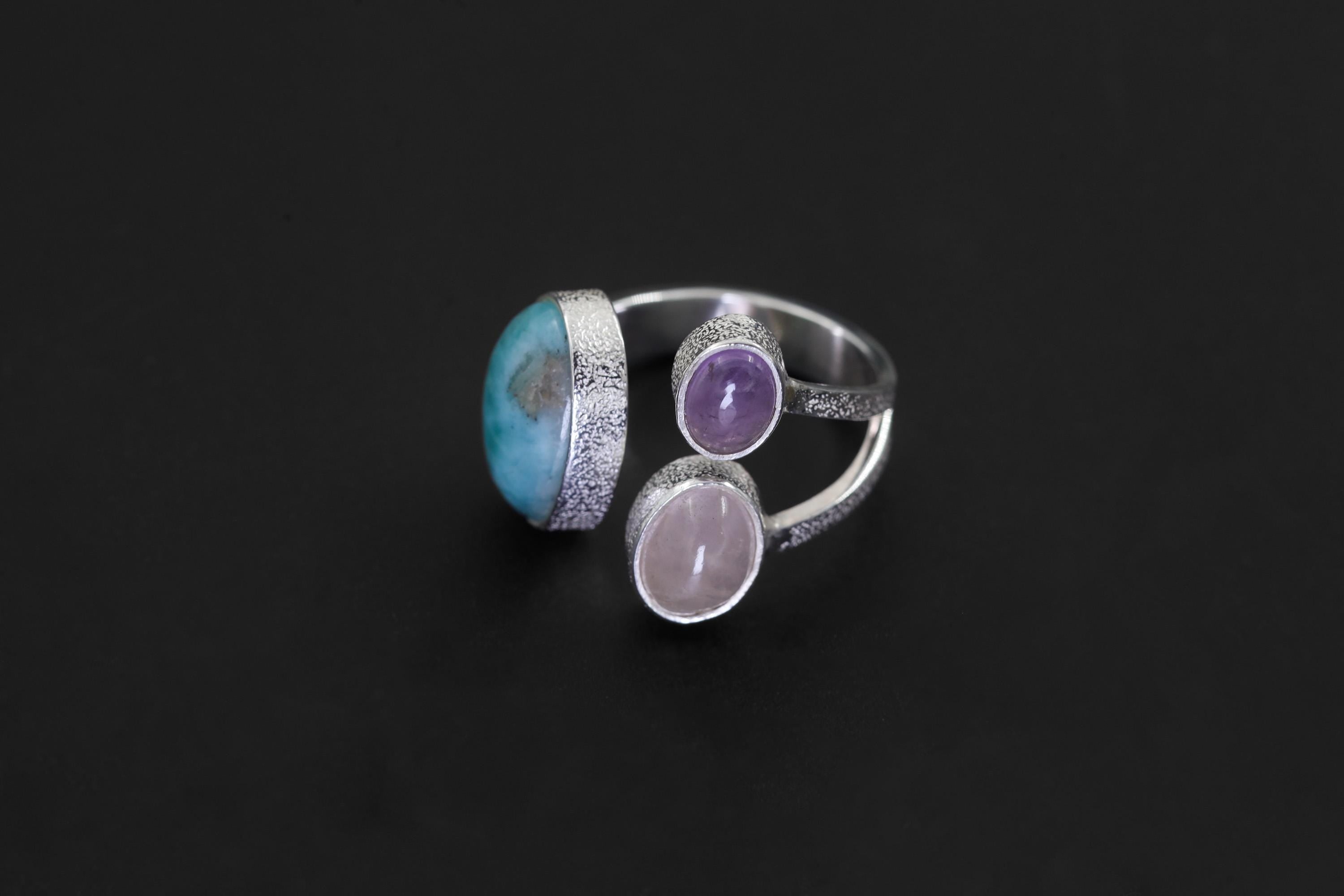 Larimar Amethyst Rose Quartz Ring 925 Sterling Silver Adjustable Ocean Heart Chakra Throat Crown Crystal Gift