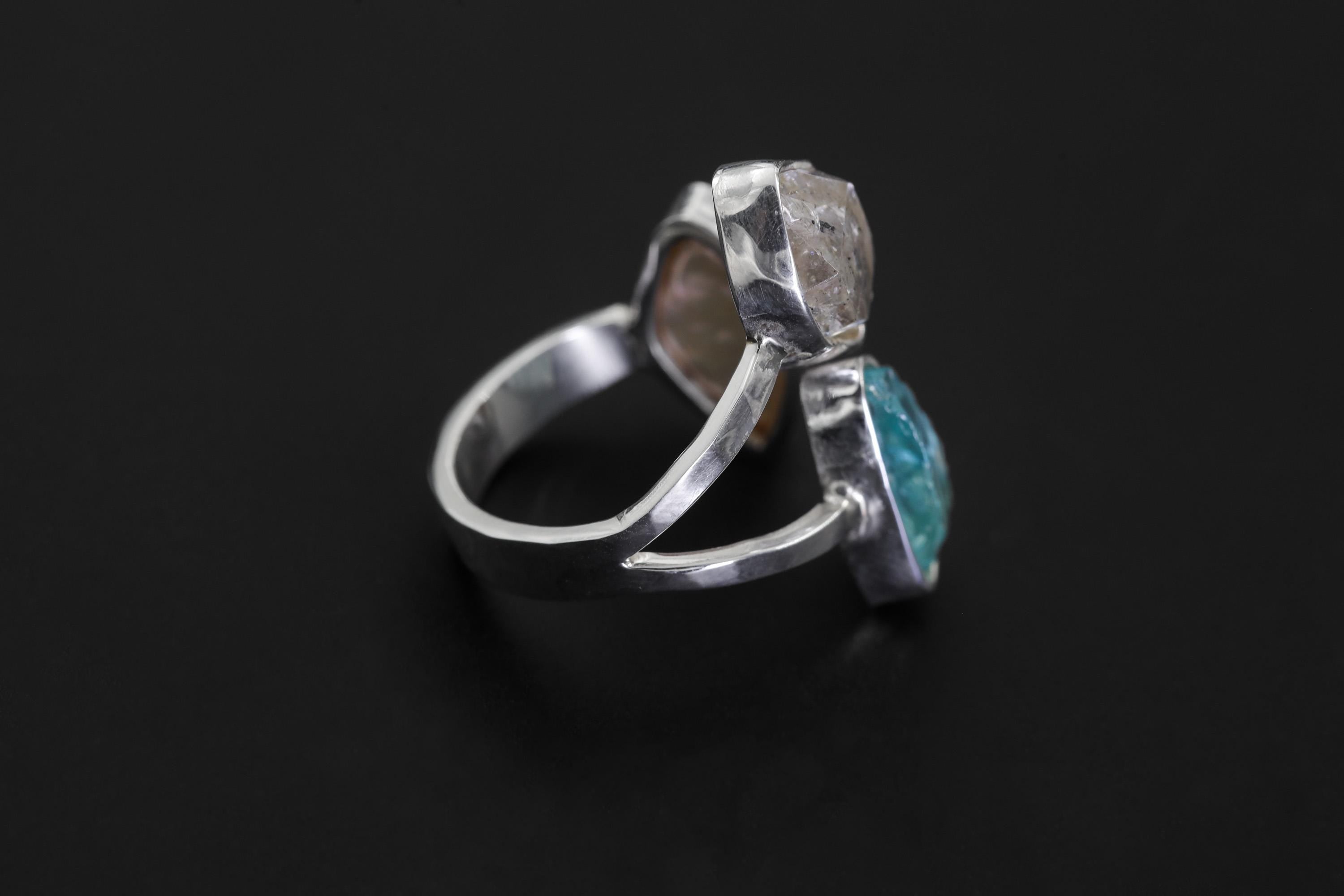 Herkimer Diamond Pearl Blue Apatite Ring 925 Sterling Silver Adjustable Throat Crown Chakra Crystal Gift