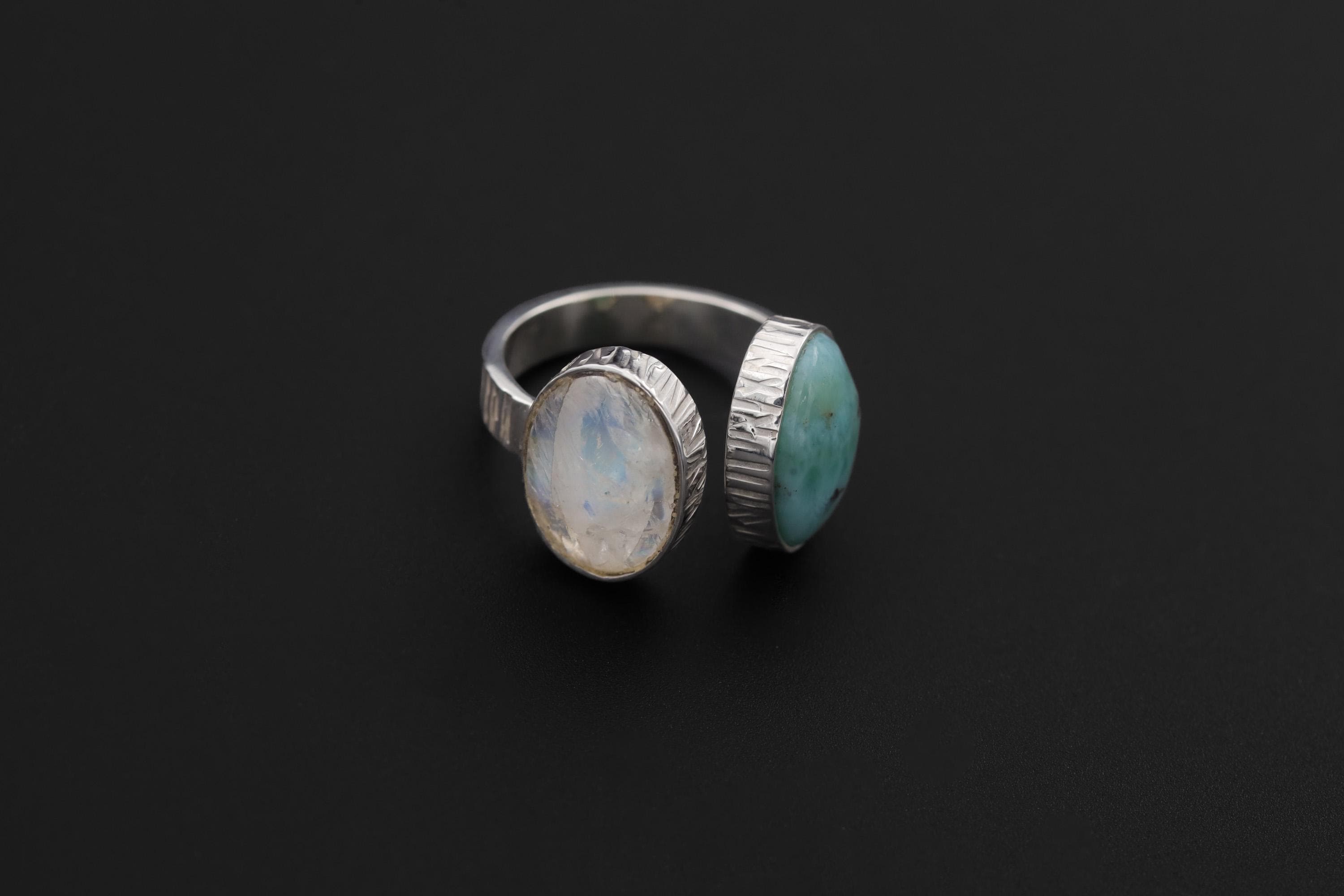 Larimar Blue Moonstone Ring 925 Sterling Silver Adjustable Hammered Band Throat Third Eye Chakra Gift