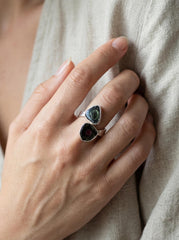 Dual Tourmaline Ring, 925 Sterling Silver Adjustable Open Band