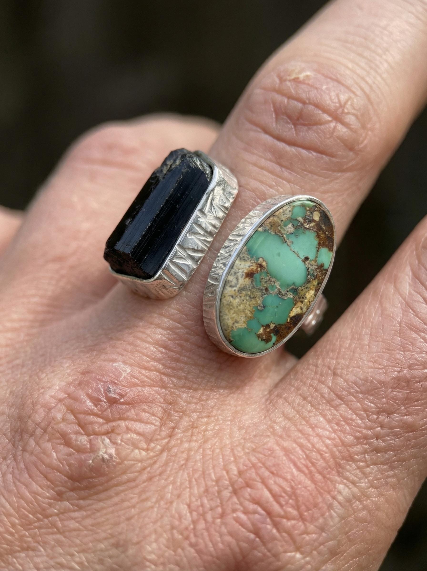 Turquoise Black Tourmaline Ring Sterling Silver Open Band Grounding Communication Crystal Jewelry Gift