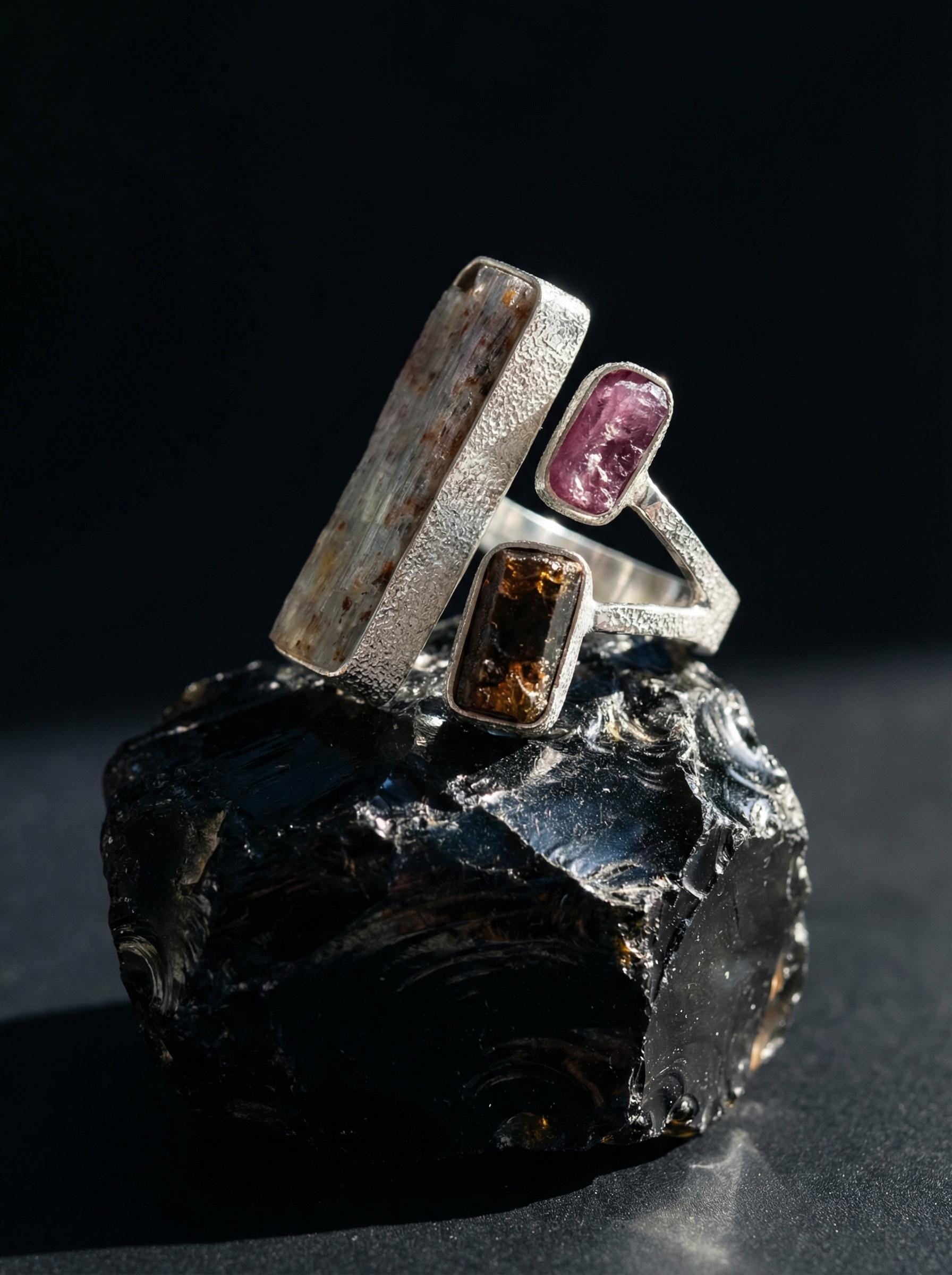 Raw Aquamarine Ruby Brown Tourmaline Ring Sterling Silver Open Band Grounding Vitality Crystal Jewelry Gift