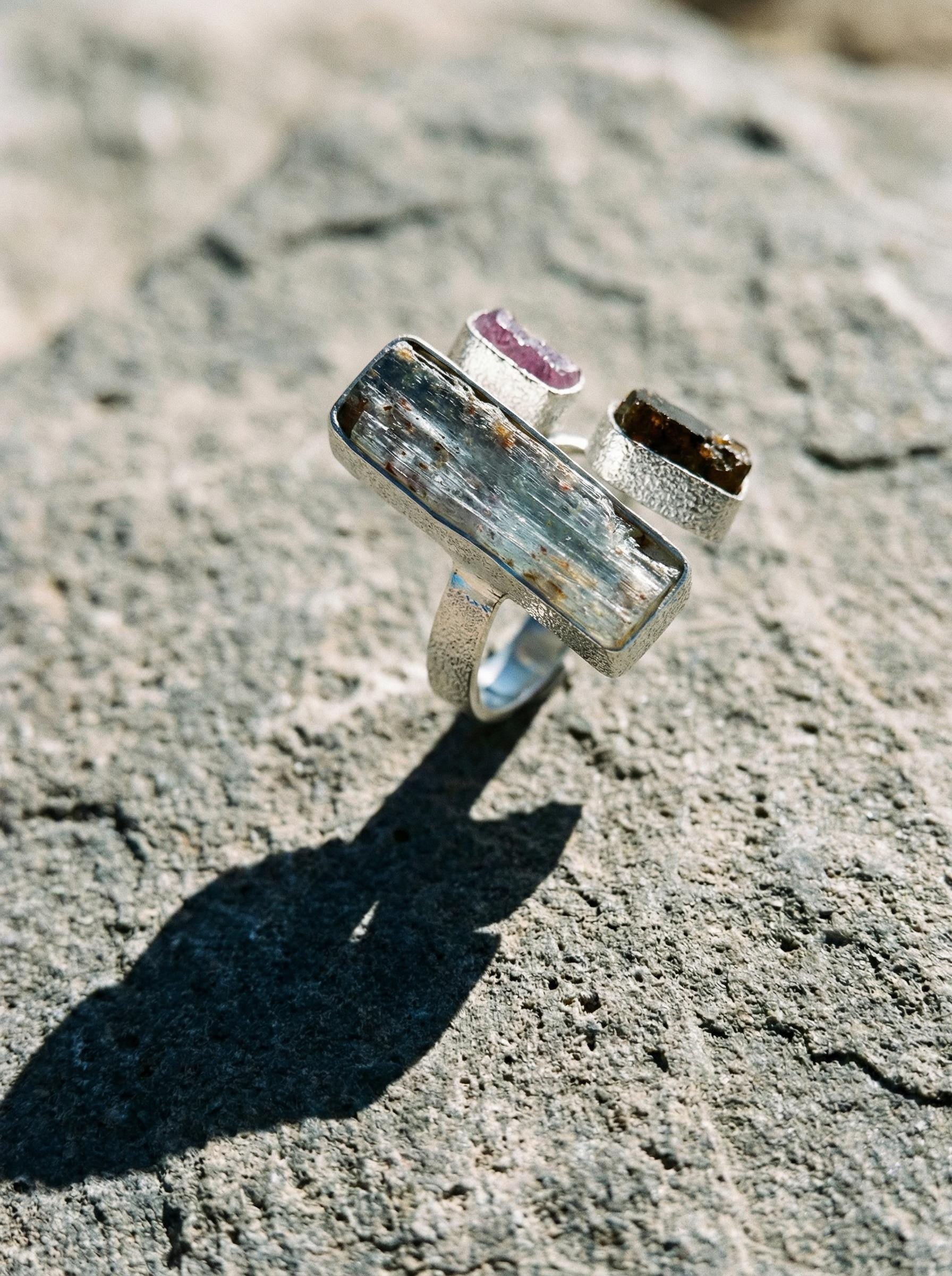 Raw Aquamarine Ruby Brown Tourmaline Ring Sterling Silver Open Band Grounding Vitality Crystal Jewelry Gift