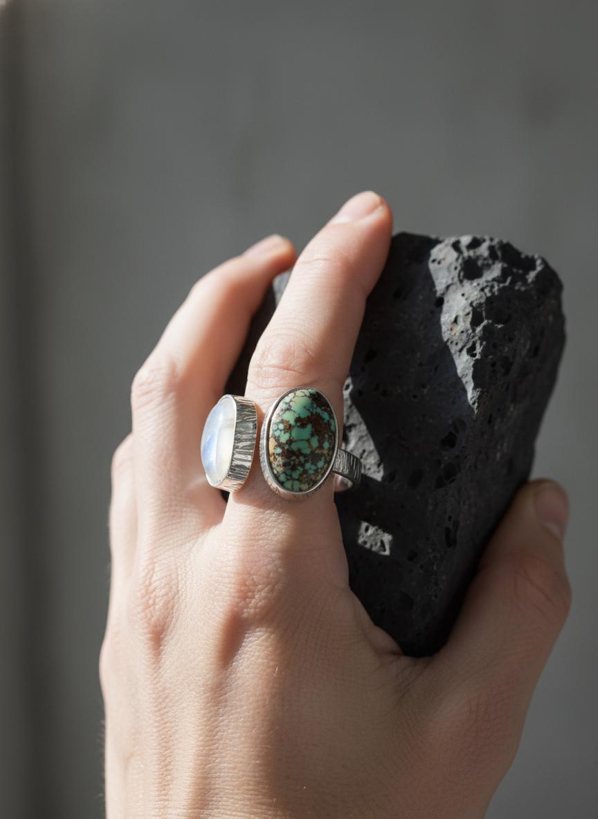 Blue Moonstone Turquoise Ring 925 Sterling Silver Adjustable Hammered Band Third Eye Throat Chakra Gift