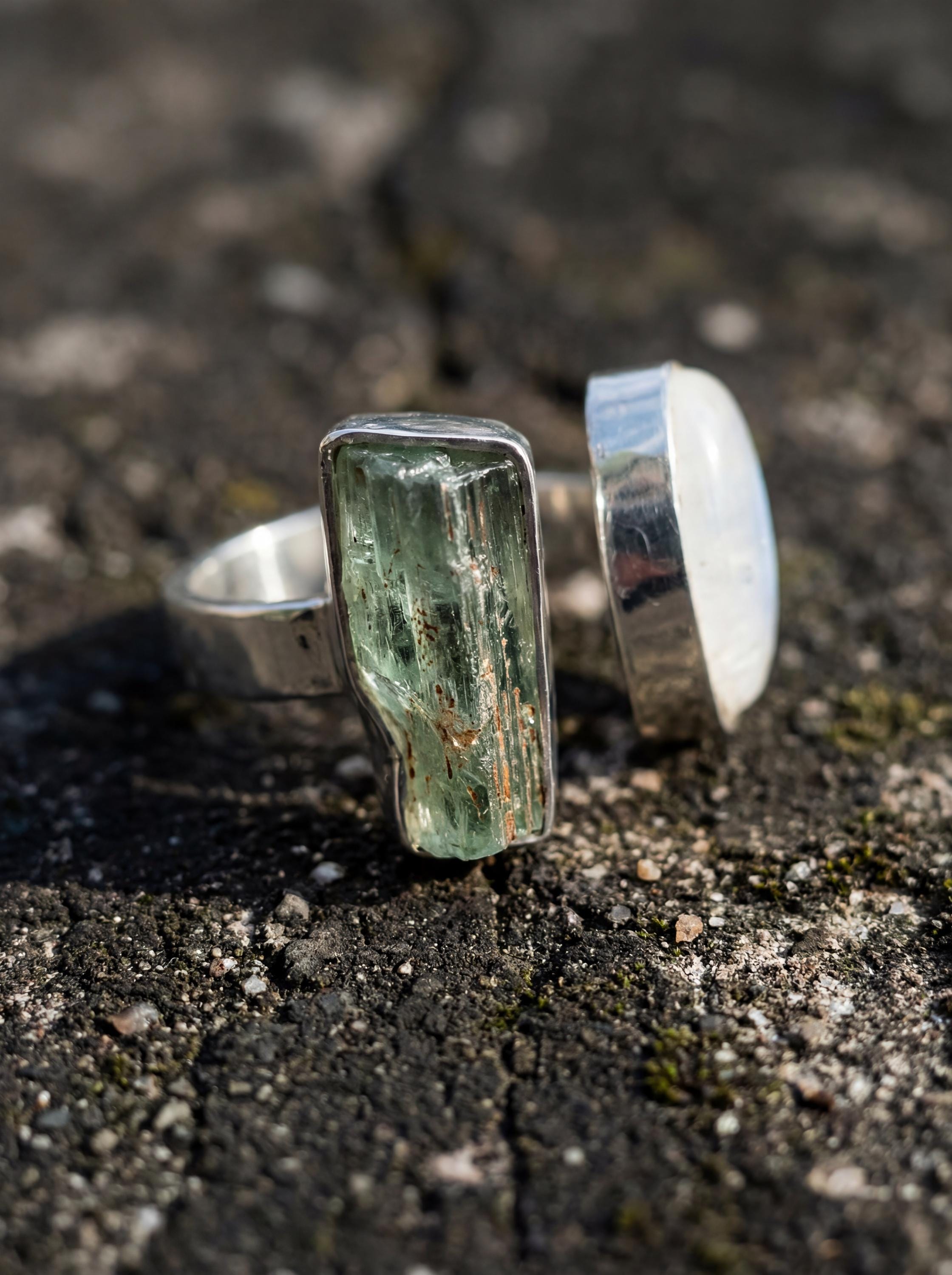 Raw Aquamarine Moonstone Ring, Hammered Sterling Silver Statement Jewelry