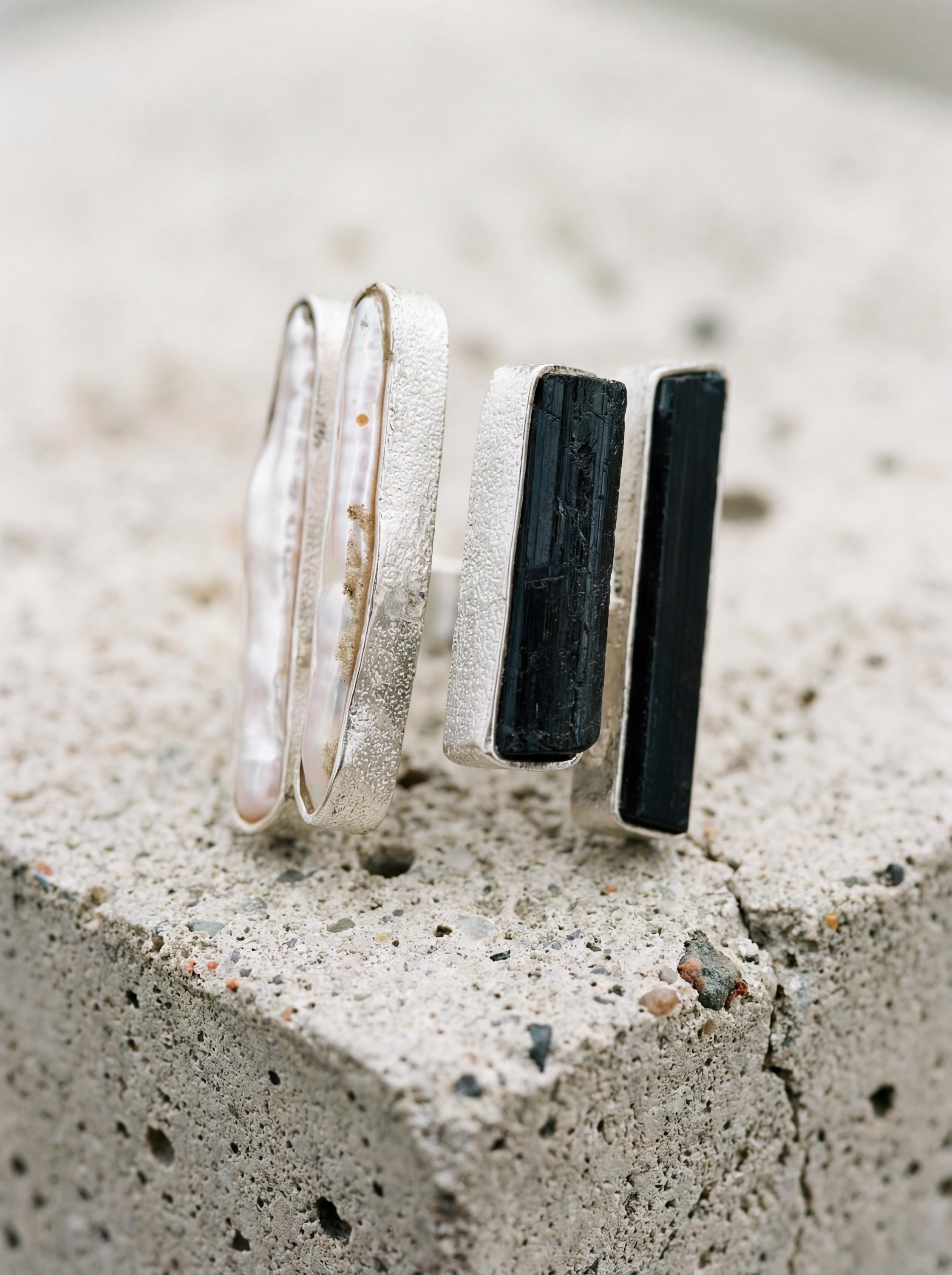 Pearl Black Tourmaline Ring 925 Sterling Silver Adjustable Organic Textured Band Heart Root Chakra Gif
