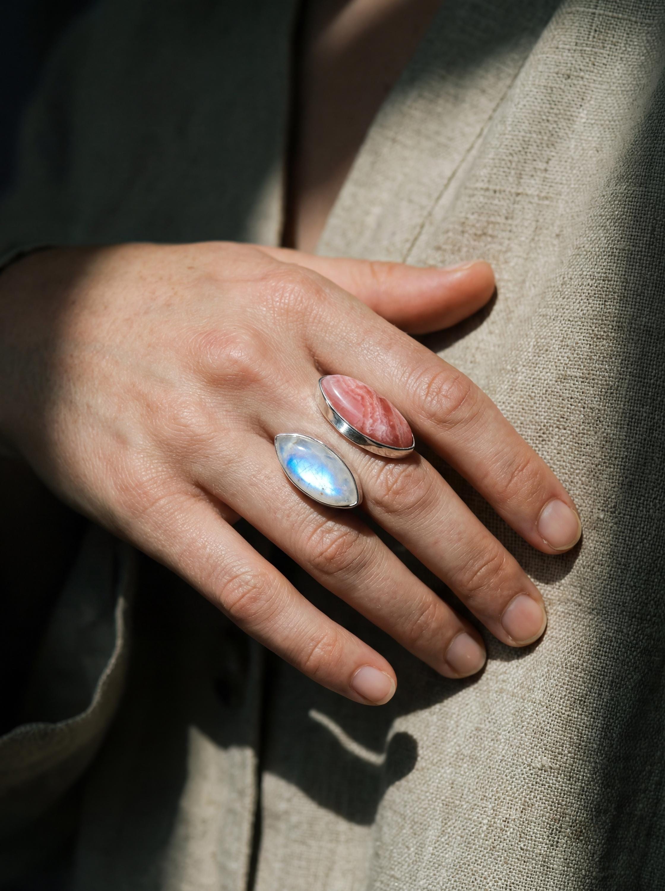 Rhodochrosite Moonstone Ring 925 Silver Adjustable Open Ring Hammered Texture Pink Blue Statement Jewelry