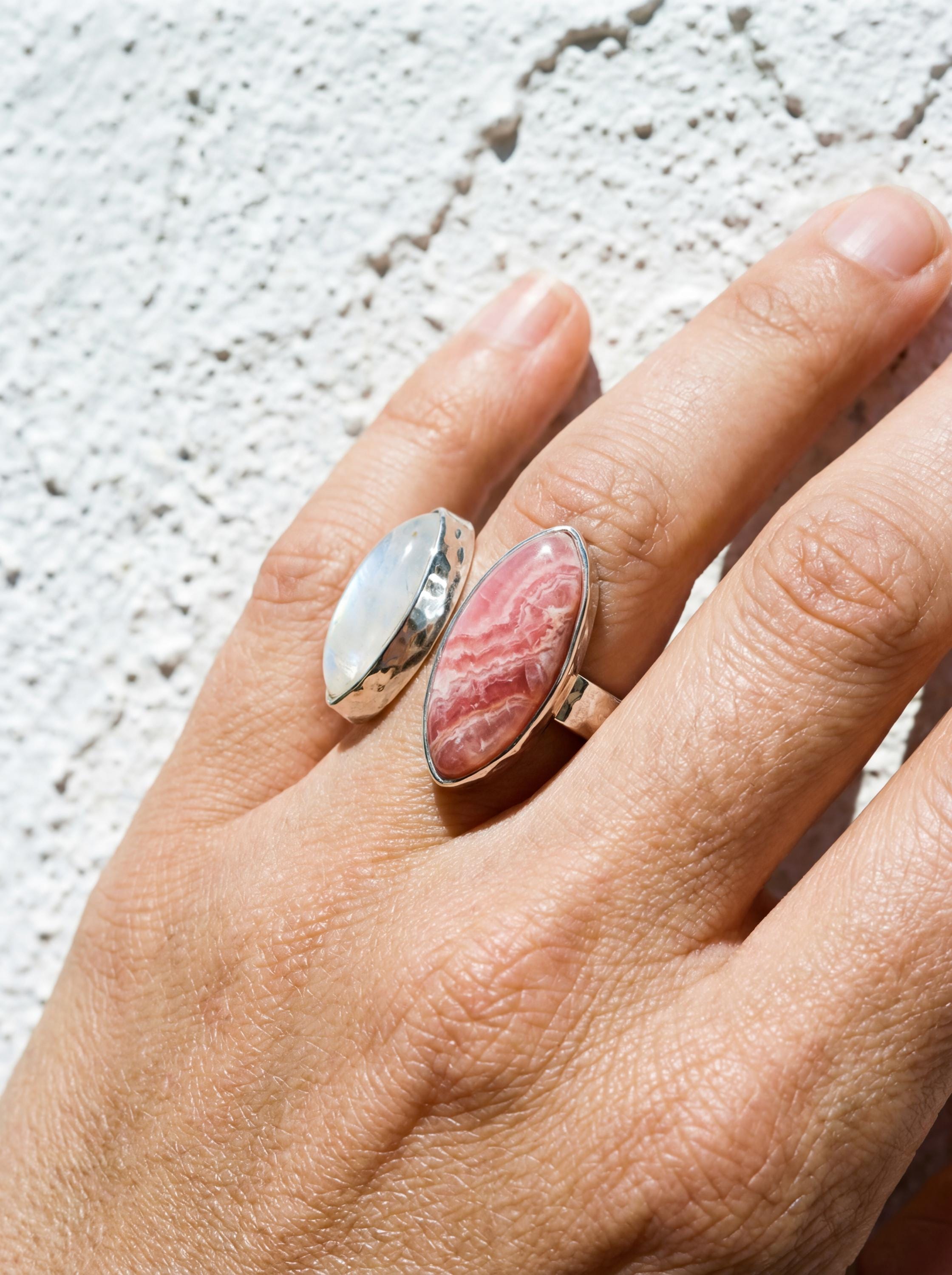Rhodochrosite Moonstone Ring 925 Silver Adjustable Open Ring Hammered Texture Pink Blue Statement Jewelry