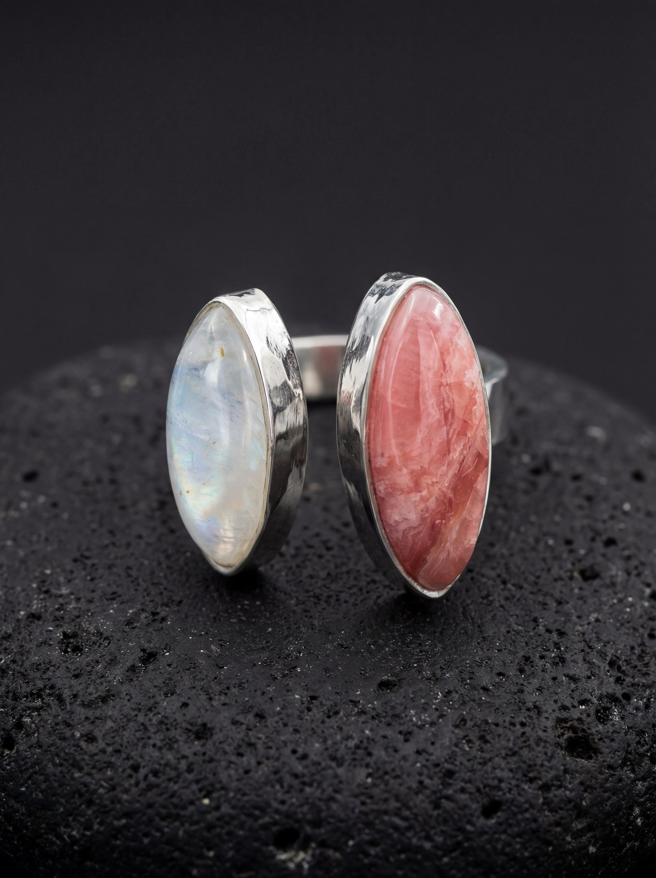 Rhodochrosite Moonstone Ring 925 Silver Adjustable Open Ring Hammered Texture Pink Blue Statement Jewelry