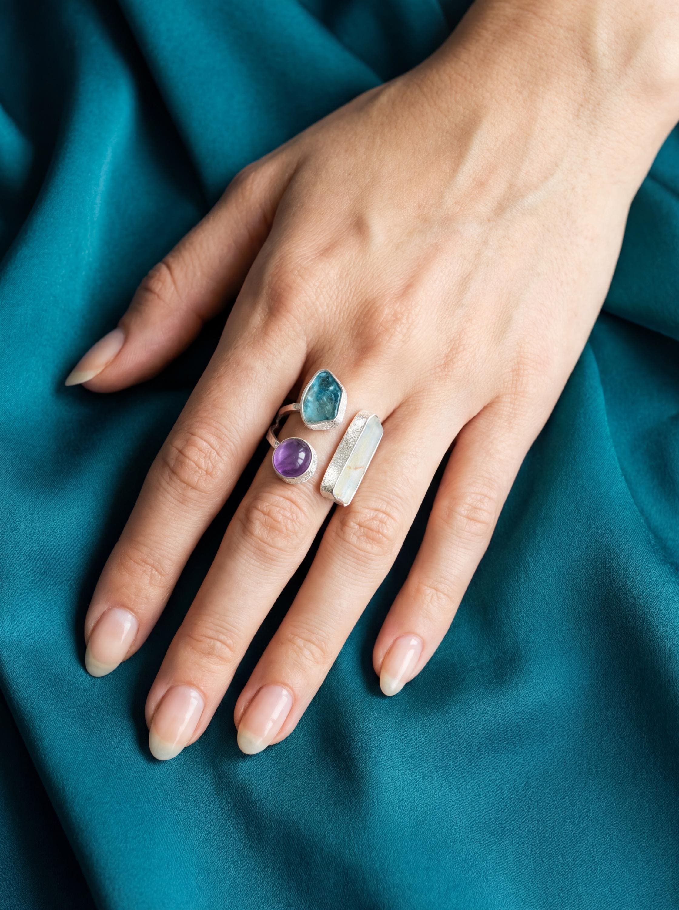 Angel Aura Quartz Apatite Amethyst Ring 925 Sterling Silver Adjustable Crown Throat Third Eye Chakra Gift