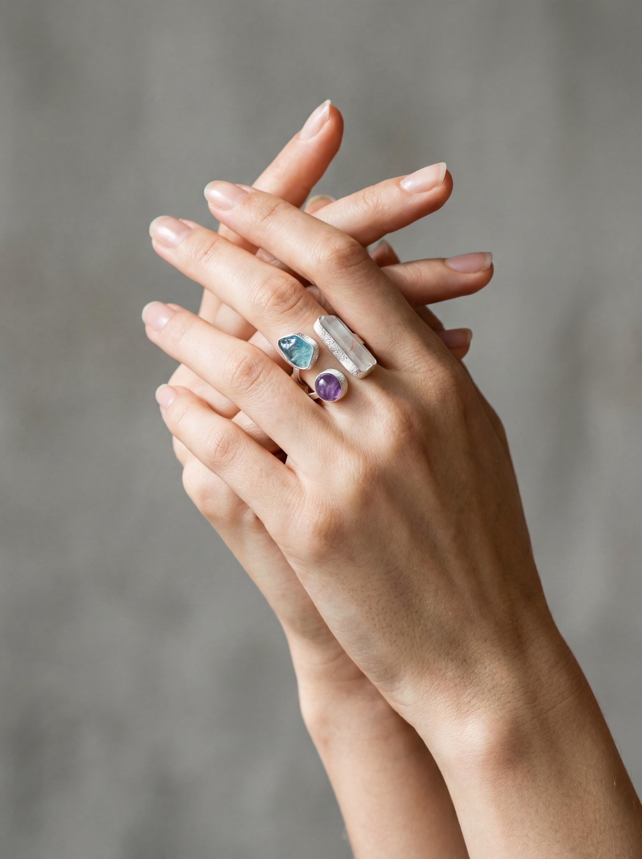 Sterling Silver Multi Stone Ring: Angel Aura, Blue Apatite, Amethyst – Adjustable Band