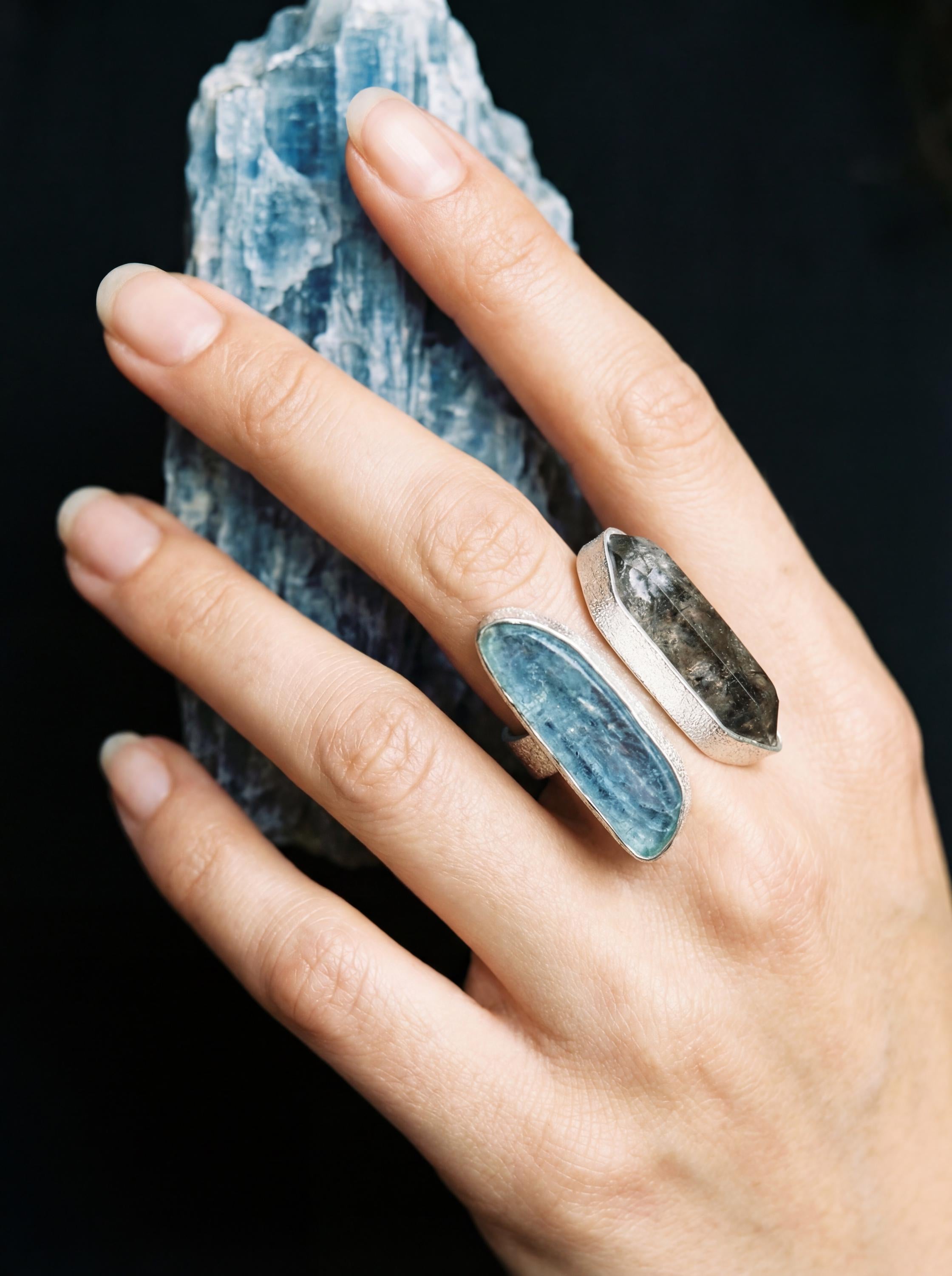 Aquamarine Black Tourmaline Ring 925 Sterling Silver Adjustable Band Throat Root Chakra Protection Gift