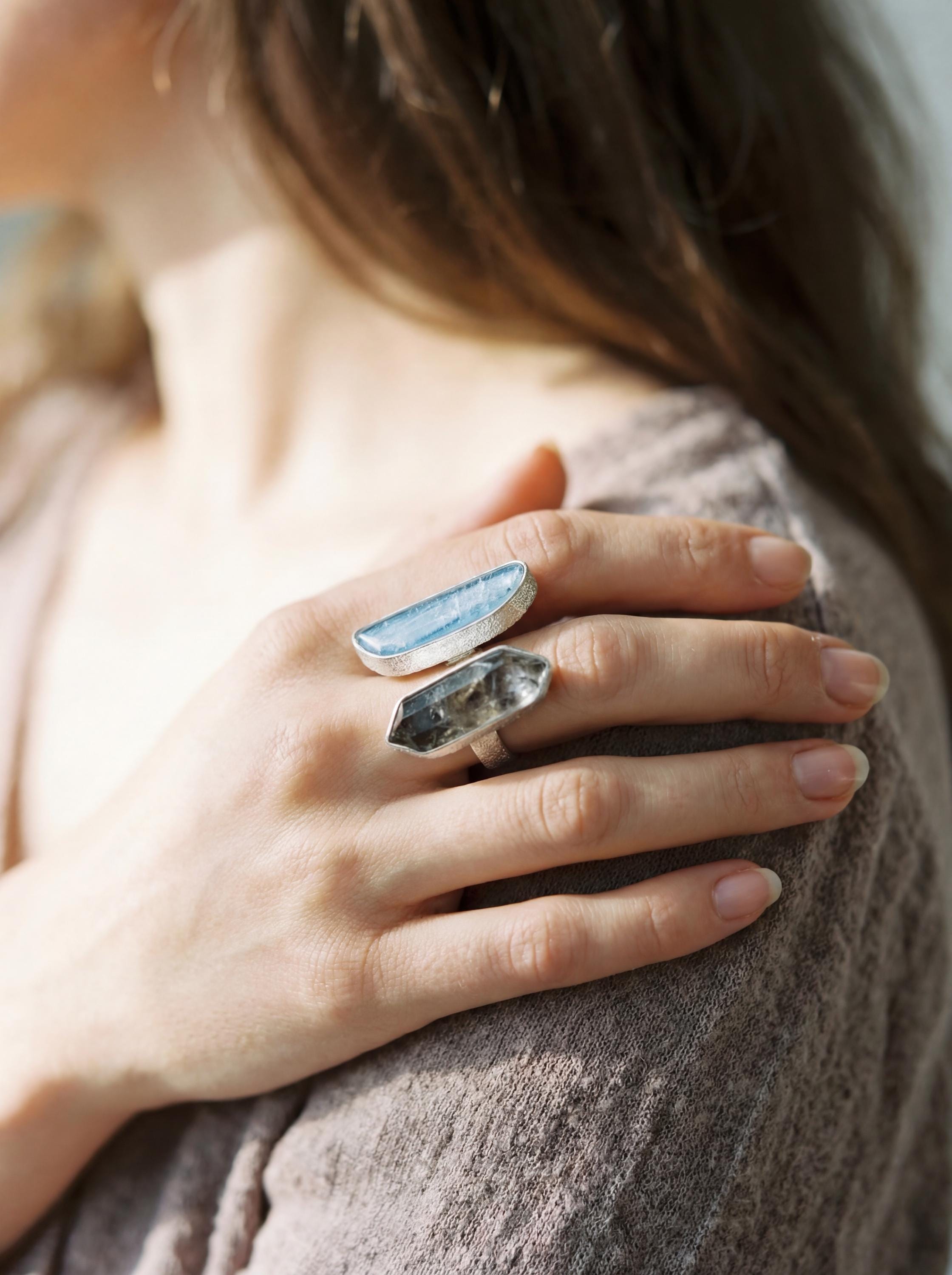Aquamarine Black Tourmaline Ring 925 Sterling Silver Adjustable Band Throat Root Chakra Protection Gift