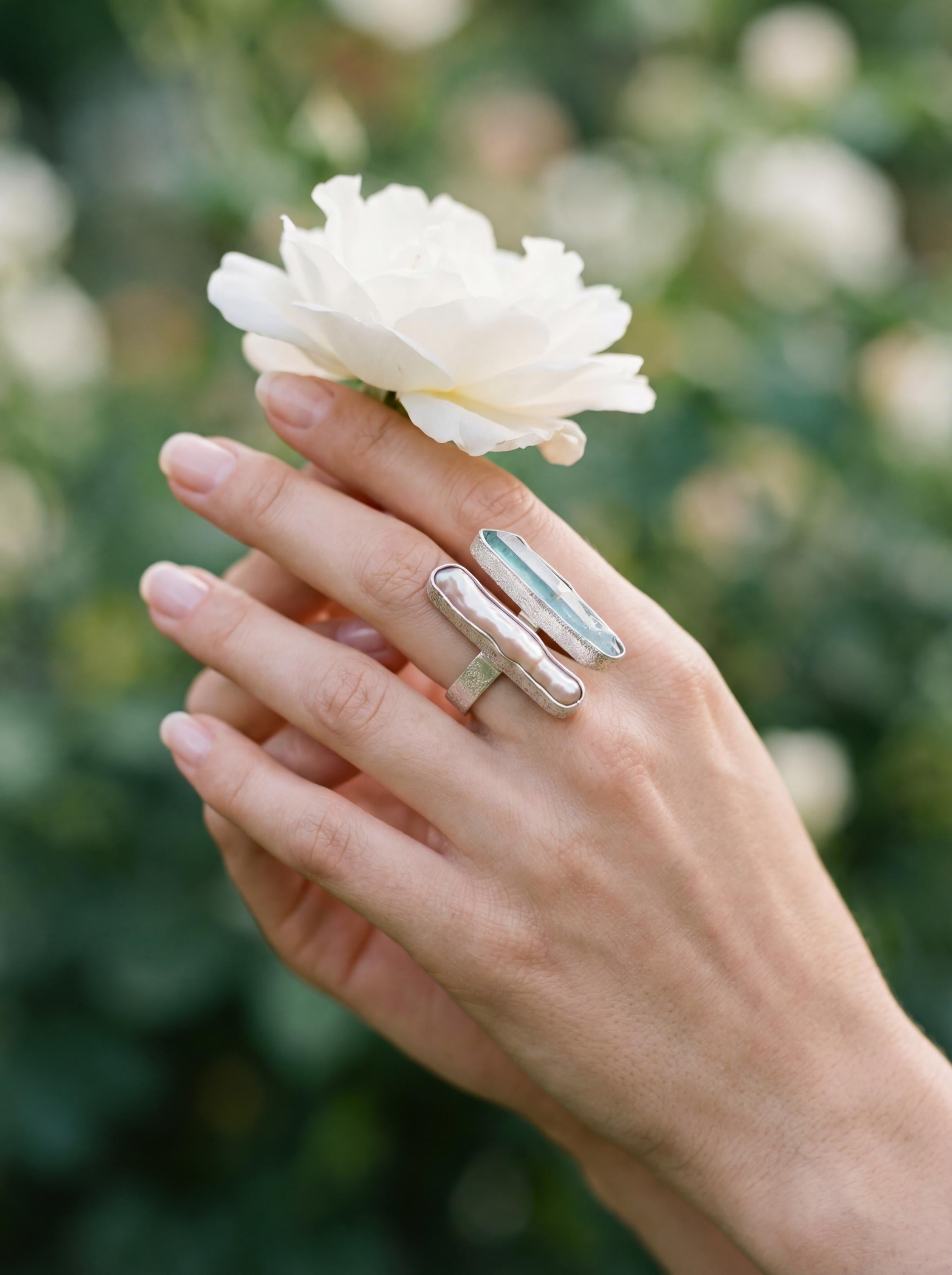 Pearl Aqua Aura Quartz Ring 925 Silver Adjustable Open Ring Organic Texture Statement Jewelry