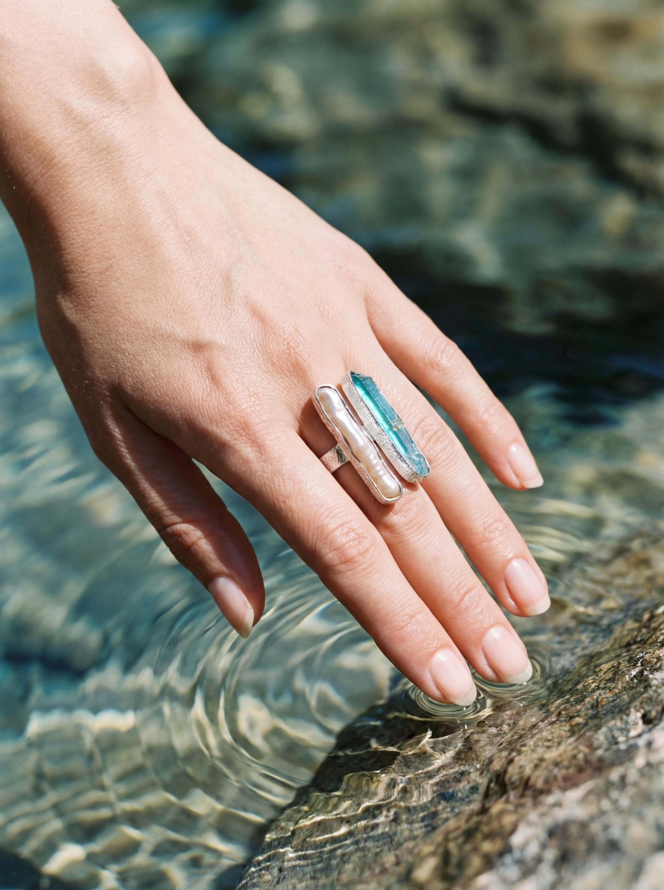 Pearl Aqua Aura Quartz Ring 925 Silver Adjustable Open Ring Organic Texture Statement Jewelry