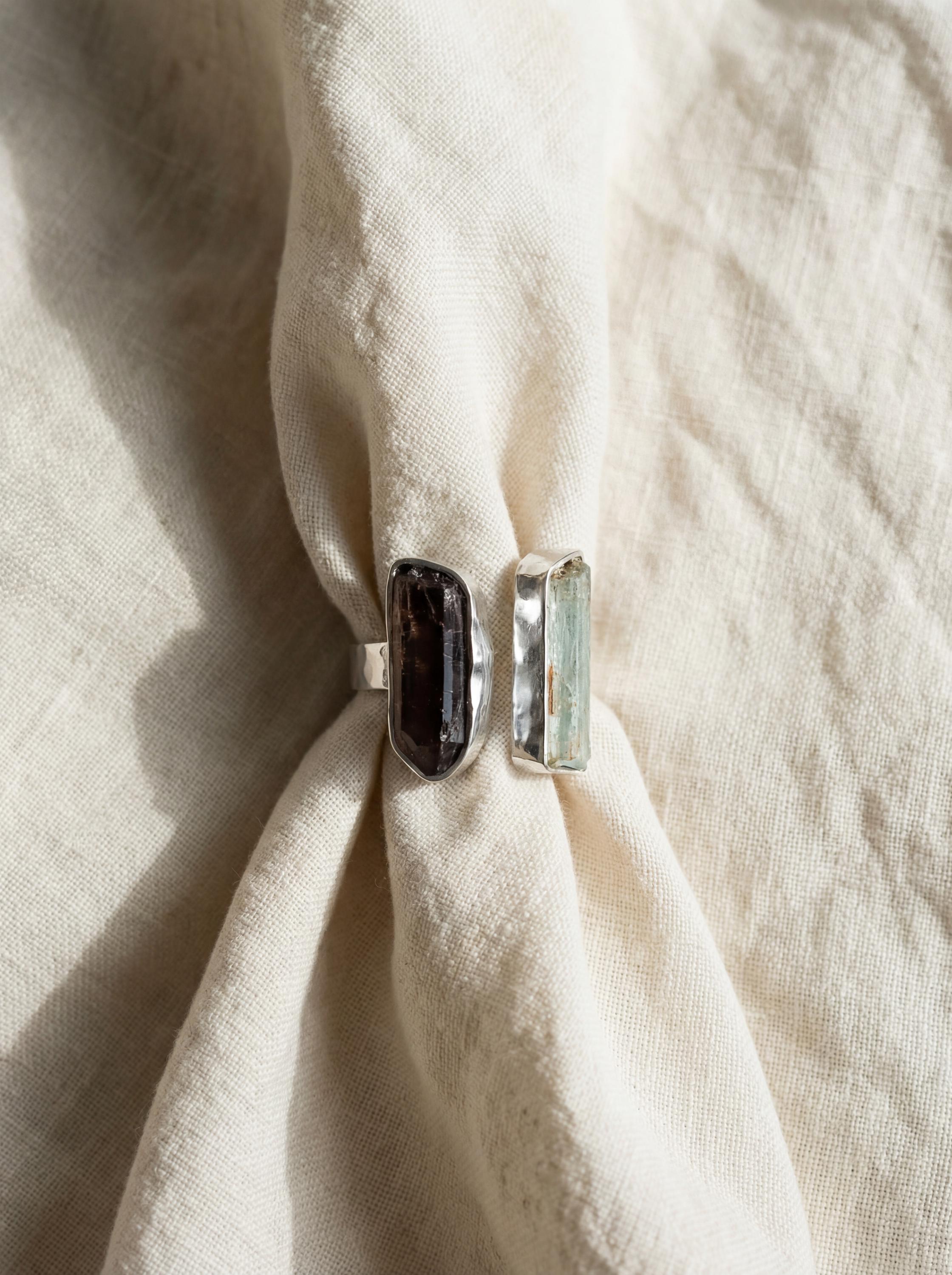 Smoky Quartz Aquamarine Dual Stone Ring, Hammered Sterling Silver Band, Adjustable Open Ring
