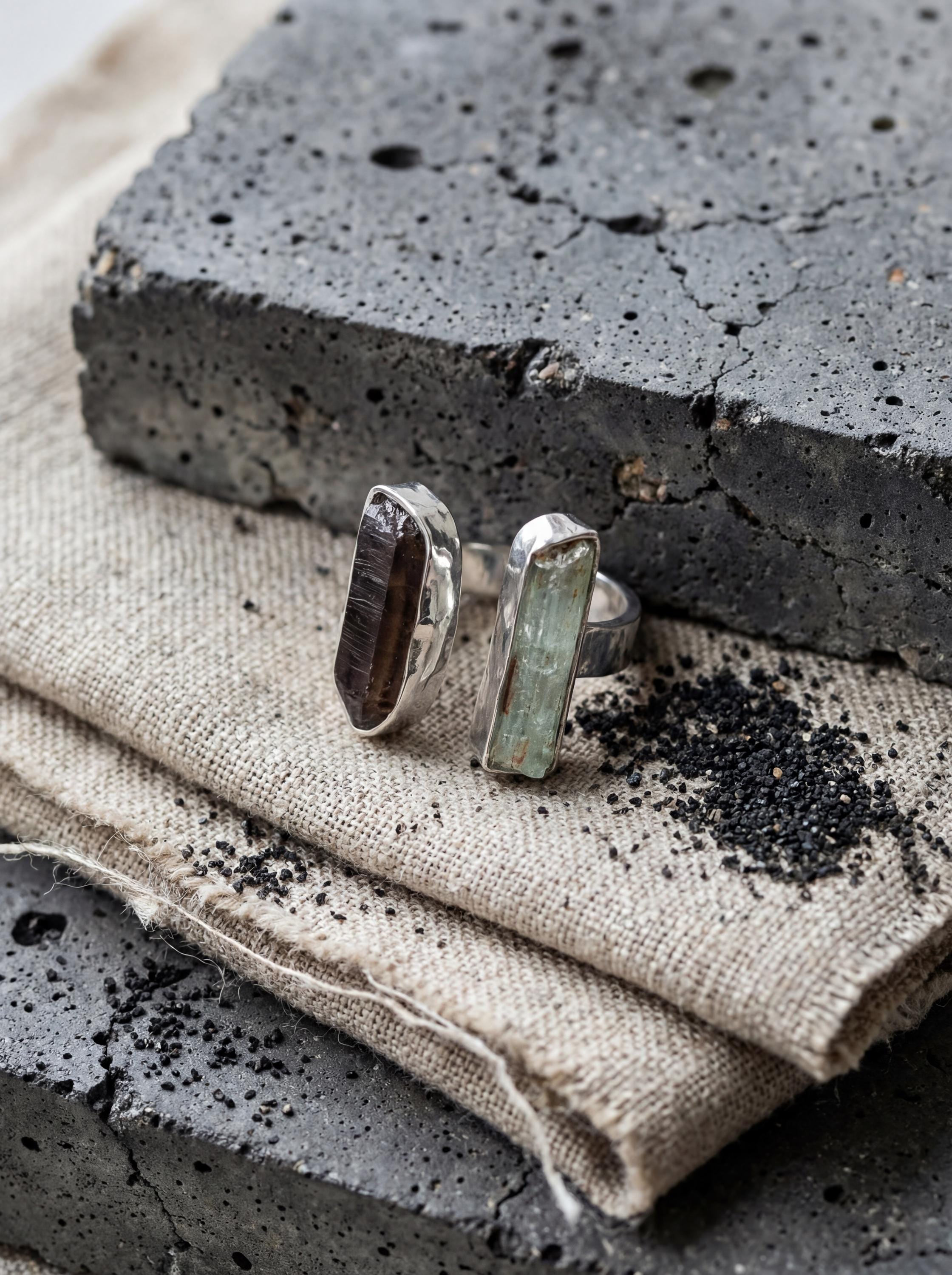 Aquamarine Smoky Quartz Ring Sterling Silver Open Band Raw Crystal Grounding Communication Jewelry Gift