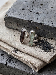 Smoky Quartz Aquamarine Dual Stone Ring, Hammered Sterling Silver Band, Adjustable Open Ring