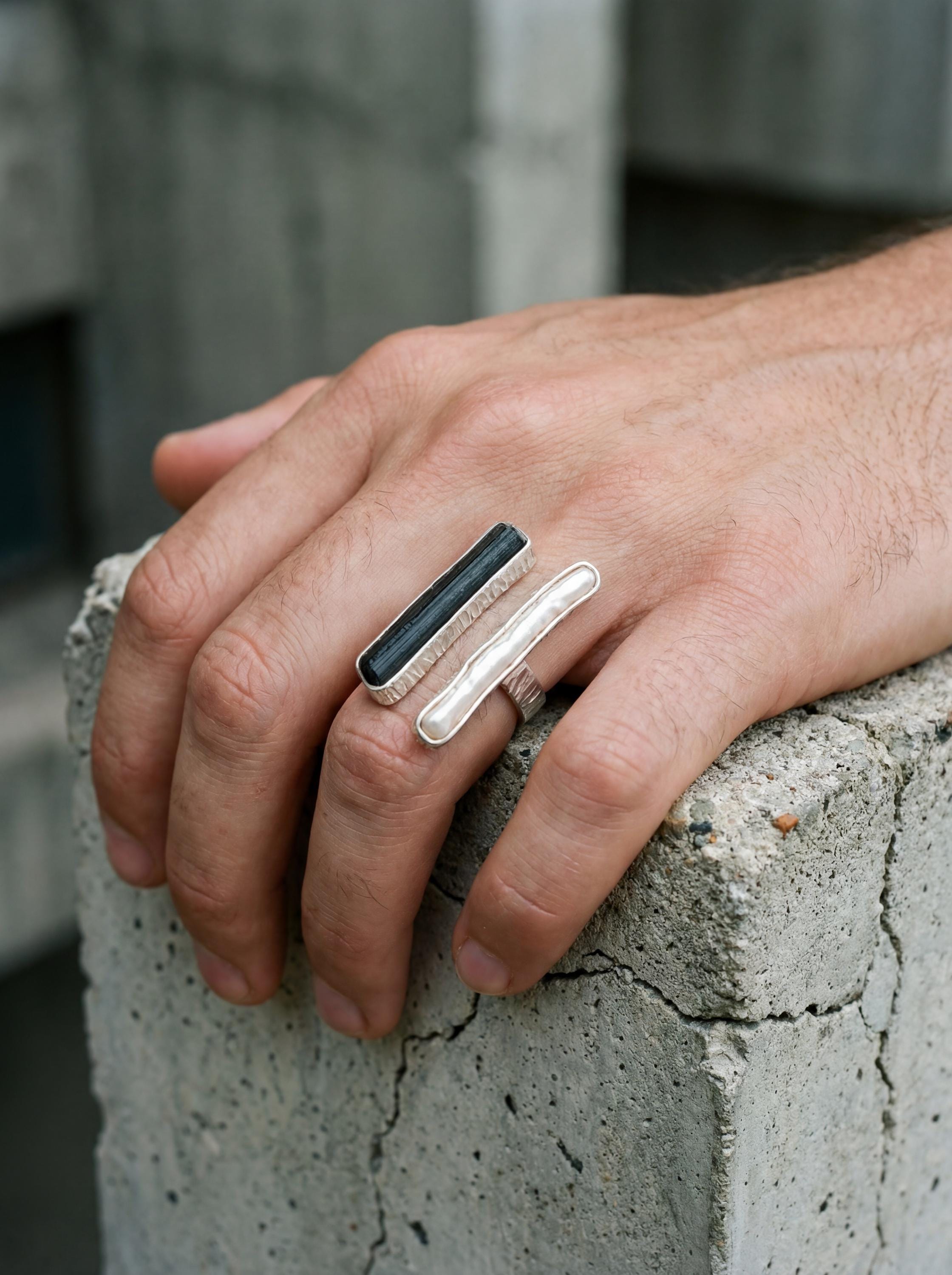 Pearl Black Tourmaline 925 Silver Ring, Adjustable Open Band