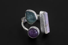 Sterling Silver Multi Stone Ring: Angel Aura, Blue Apatite, Amethyst – Adjustable Band