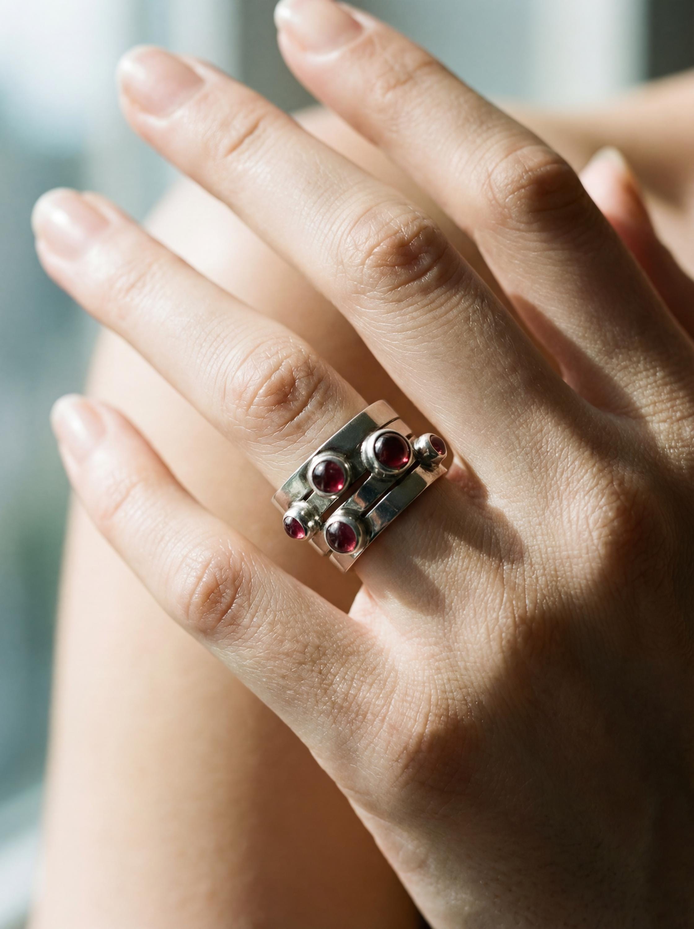 Red Garnet Silver Ring 925 Five Round Cabochon Stones High Shine Band Root Chakra Talisman Jewelry Gift Size 6 US