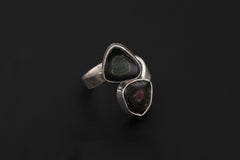 Dual Tourmaline Ring, 925 Sterling Silver Adjustable Open Band