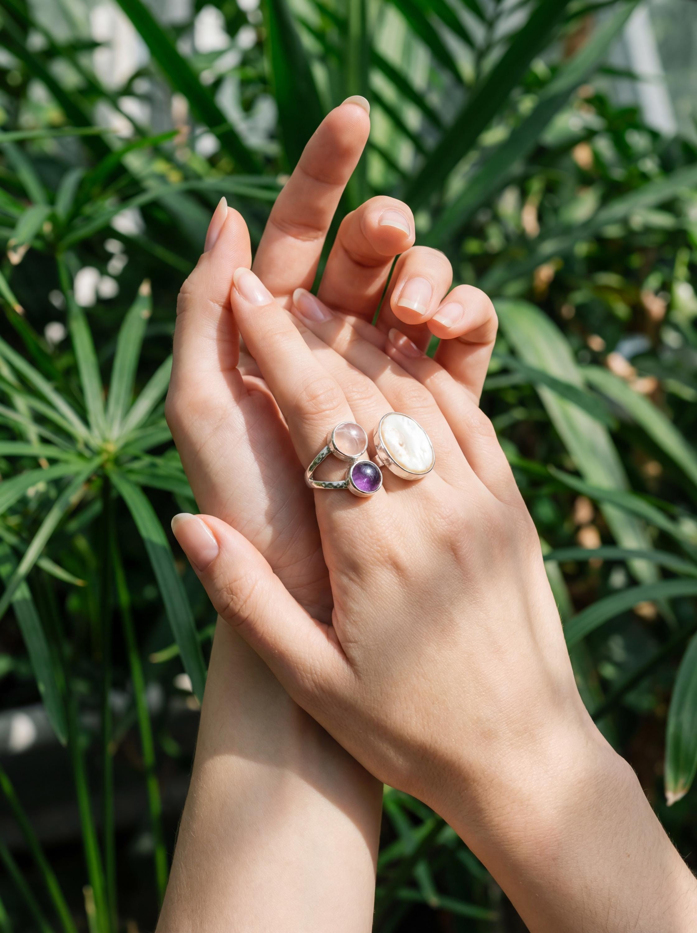 Hammered Sterling Silver Multi Stone Ring: Pearl, Amethyst, Rose Quartz Calm Clarity Jewelry