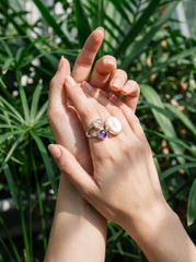 Hammered Sterling Silver Multi Stone Ring: Pearl, Amethyst, Rose Quartz Calm Clarity Jewelry
