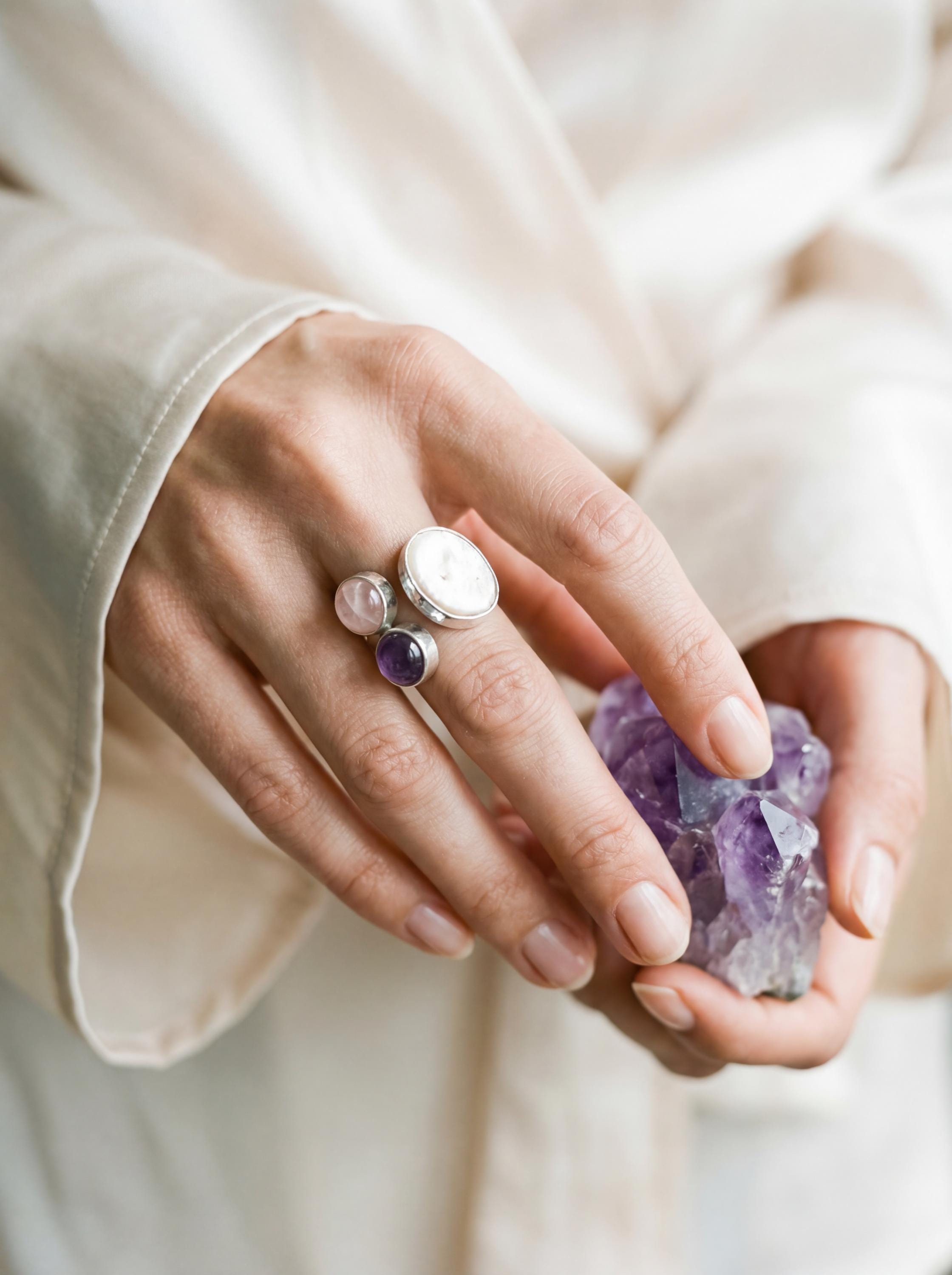 Hammered Sterling Silver Multi Stone Ring: Pearl, Amethyst, Rose Quartz Calm Clarity Jewelry