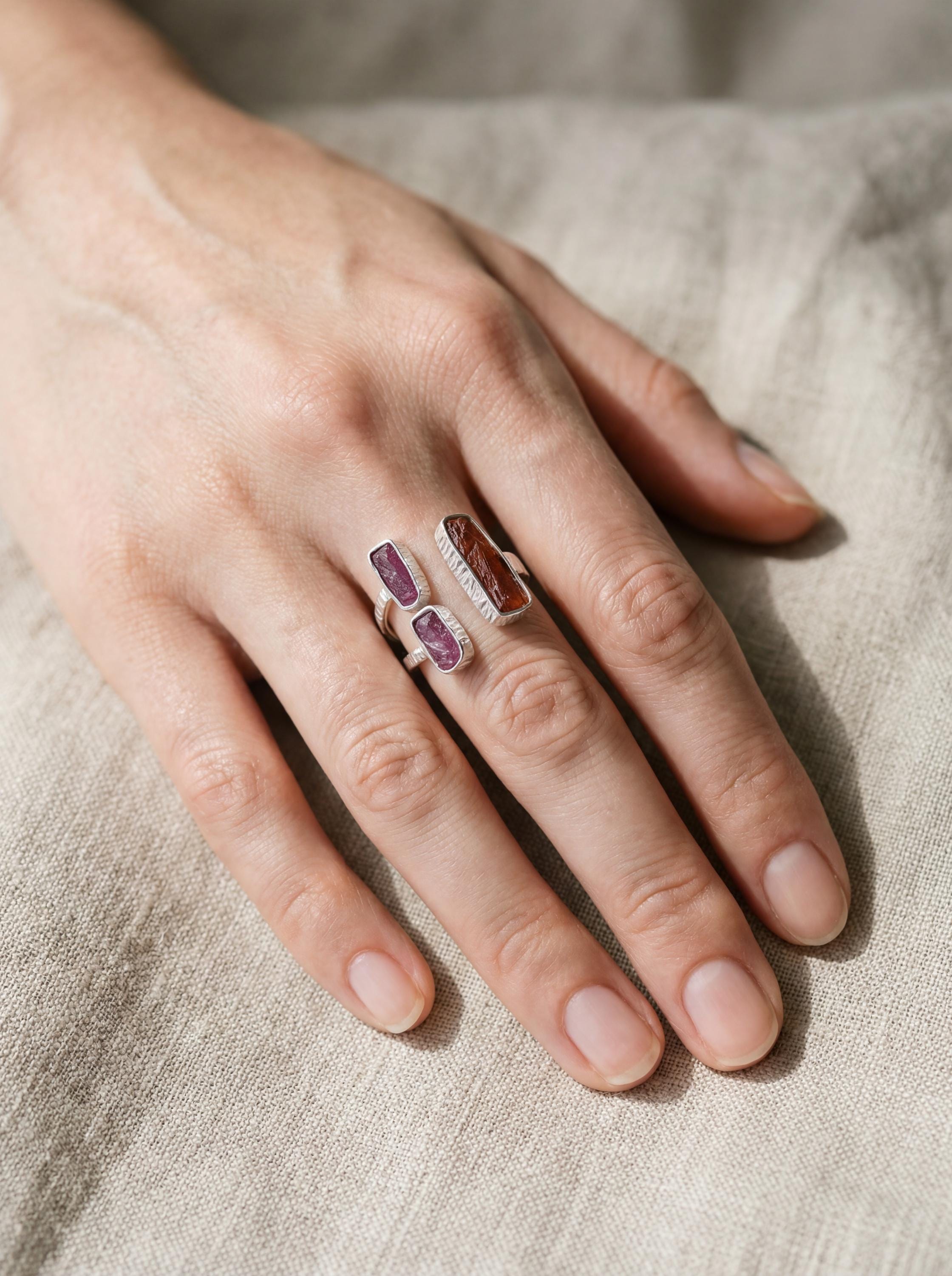 Red Kyanite Ruby Ring 925 Silver Adjustable Open Multi Stone Statement Jewelry
