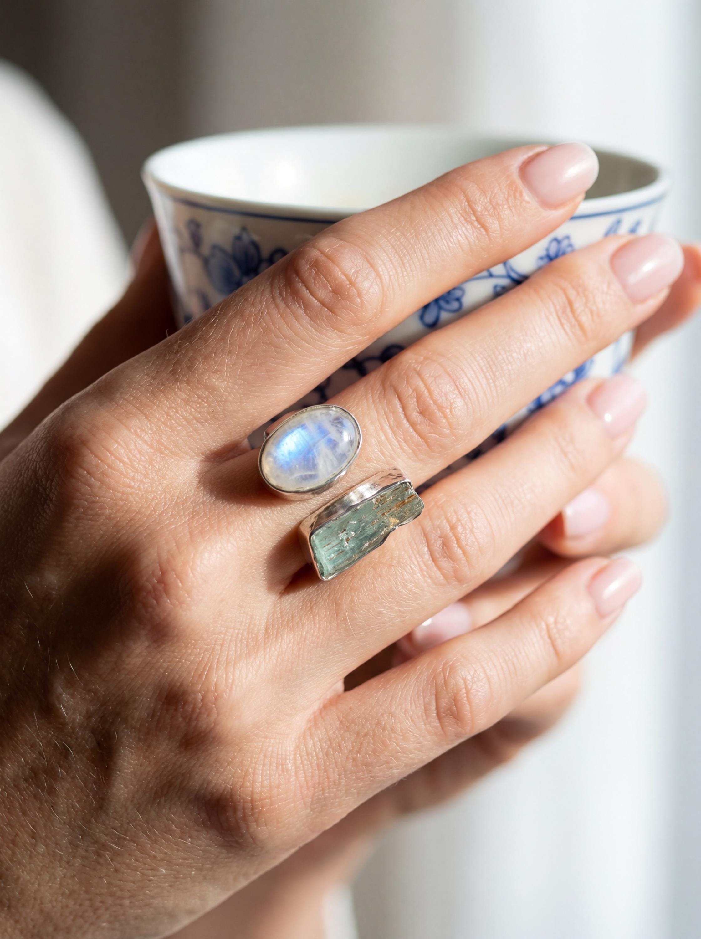 Raw Aquamarine Moonstone Ring, Hammered Sterling Silver Statement Jewelry