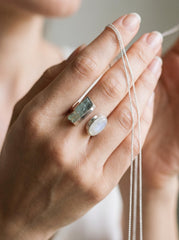 Raw Aquamarine Moonstone Ring, Hammered Sterling Silver Statement Jewelry