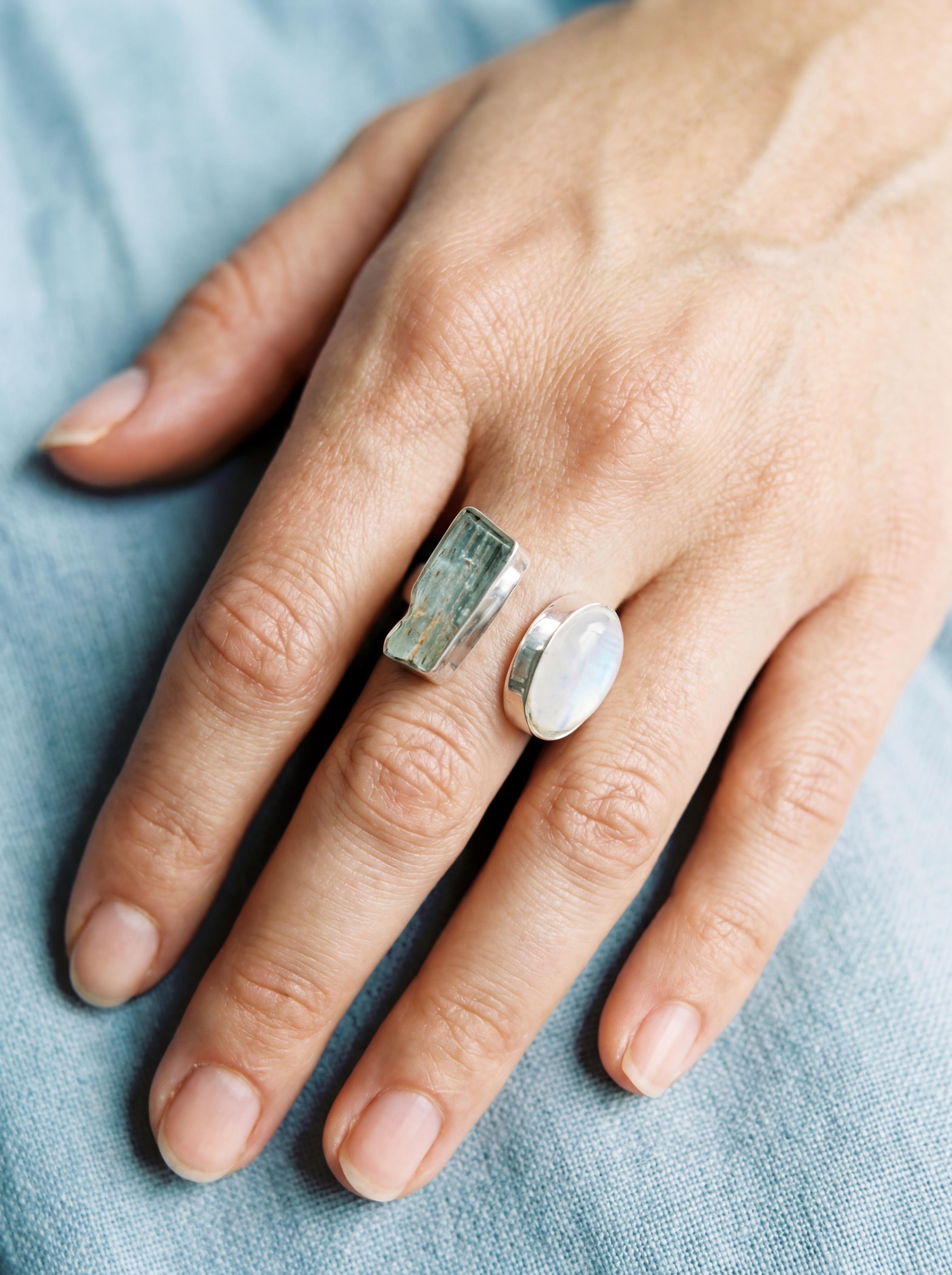Raw Aquamarine Moonstone Ring, Hammered Sterling Silver Statement Jewelry